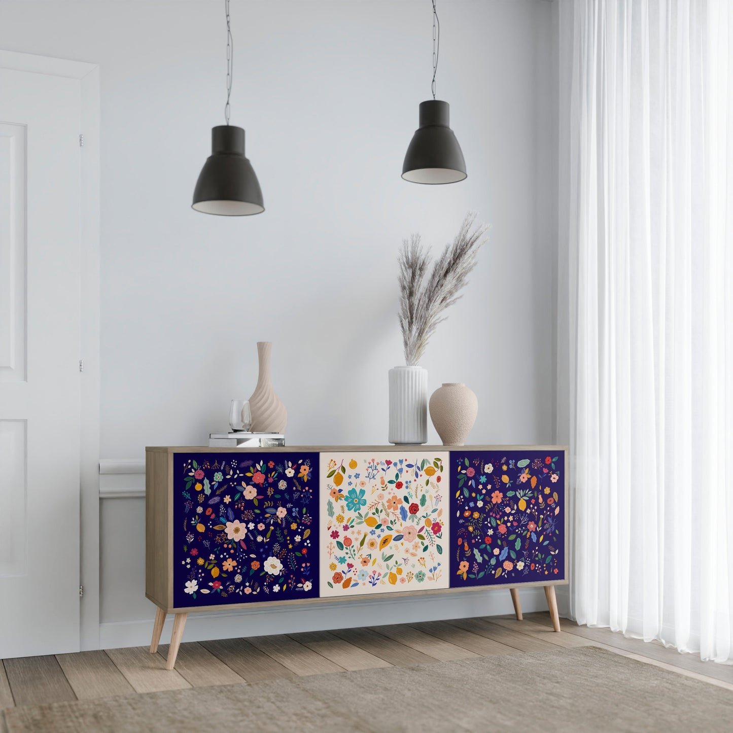 Credenza a 3 ante FLORAL COMBINATION in effetto rovere