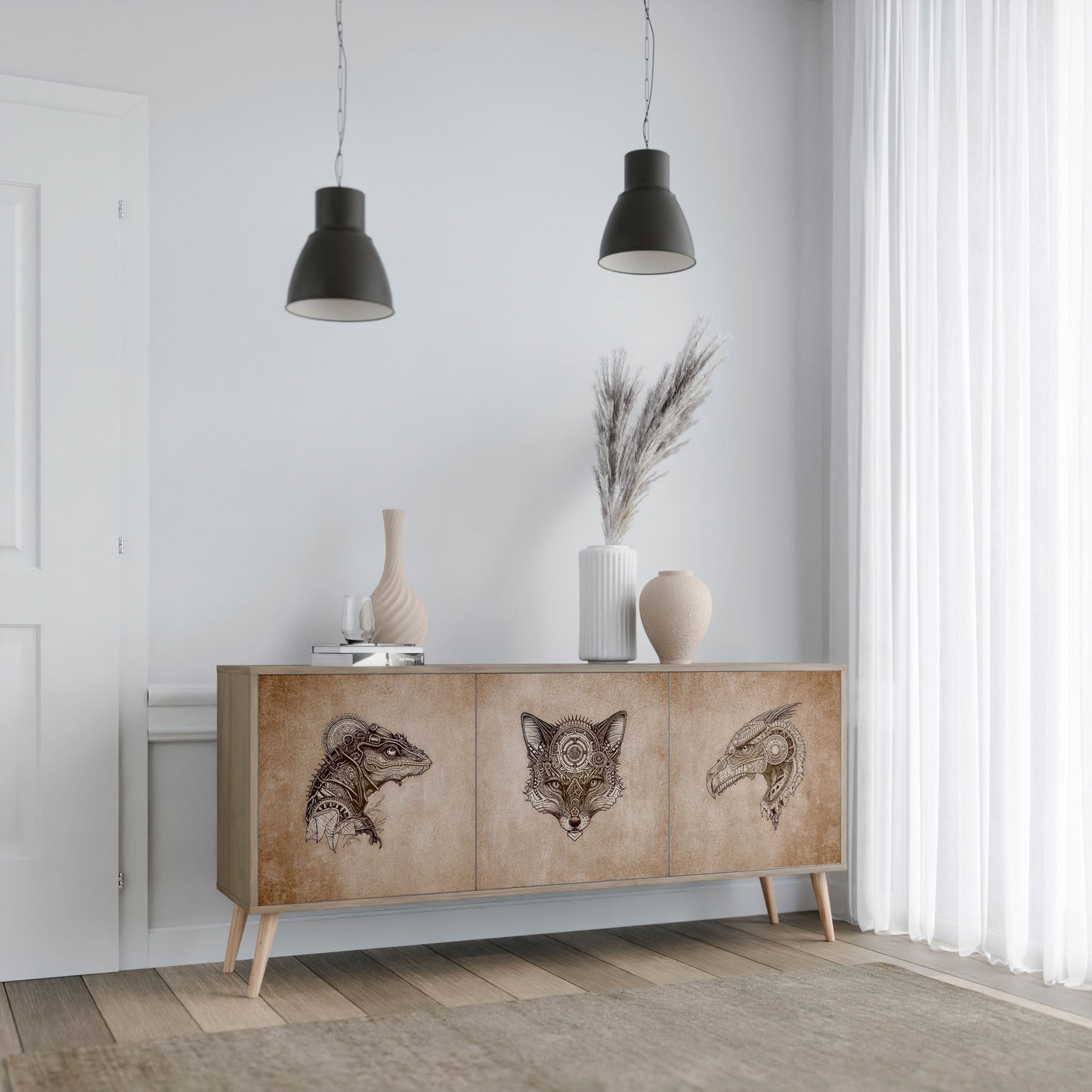 Credenza a 3 ante STEAMPUNK CLAN in effetto rovere