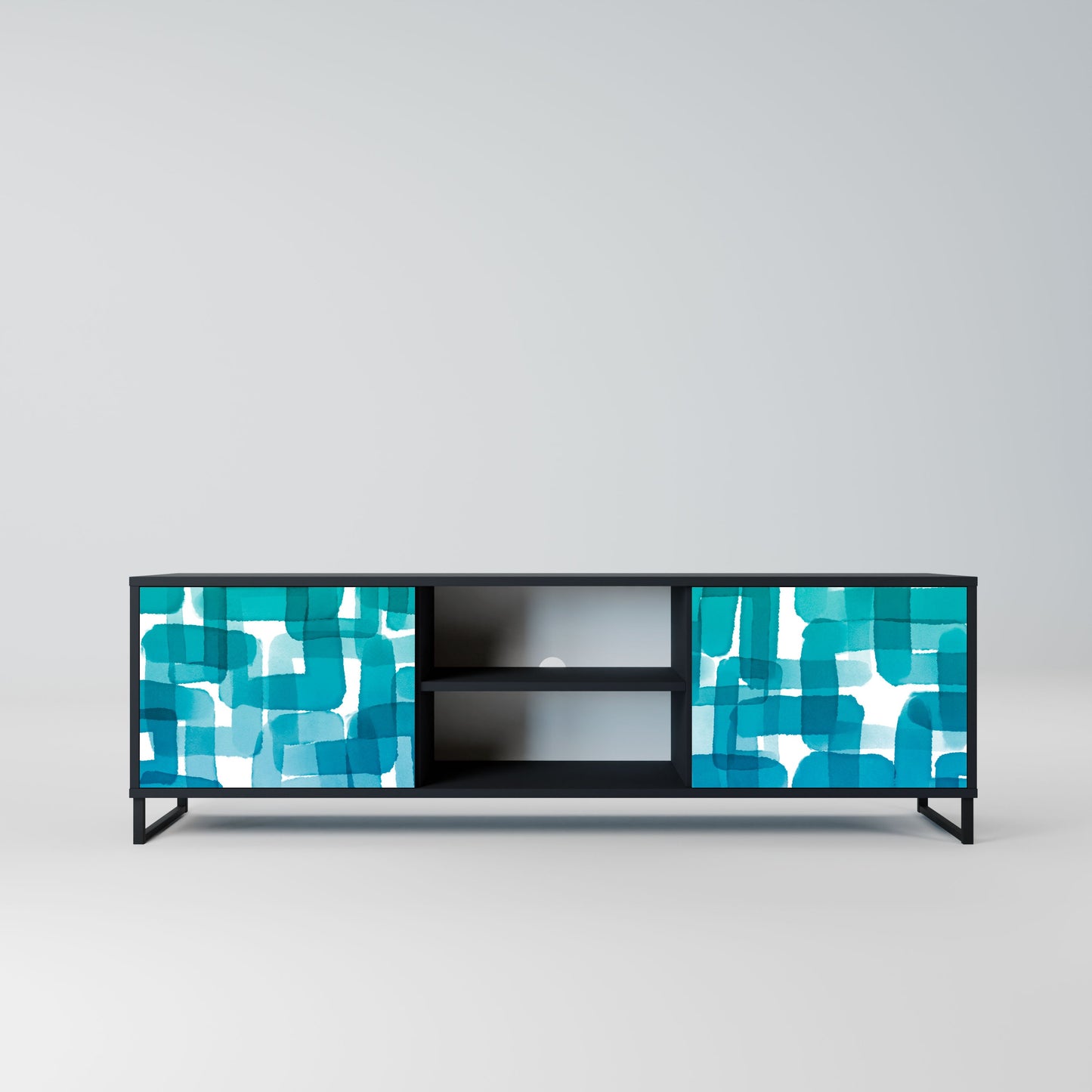 Meuble TV 2 portes TURQUOISE RECTANGLES en finition noire