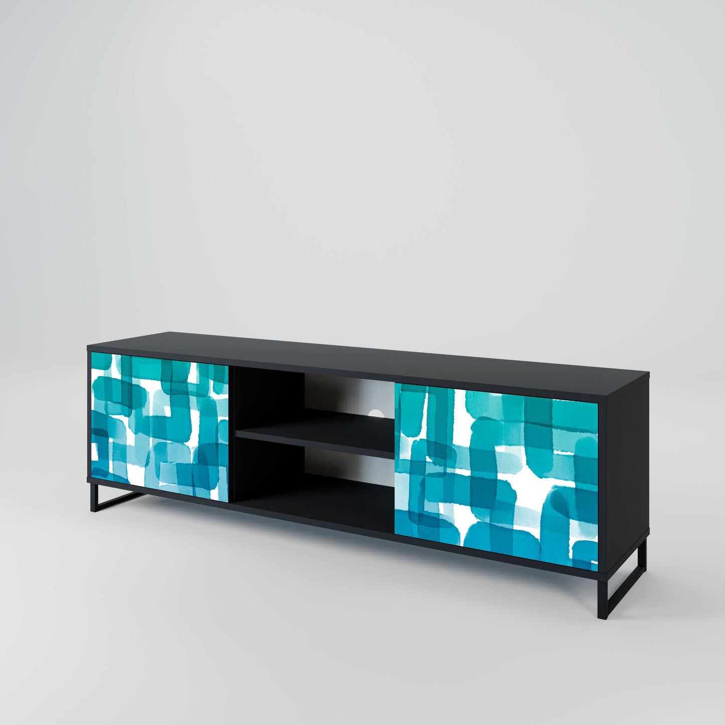 Meuble TV 2 portes TURQUOISE RECTANGLES en finition noire