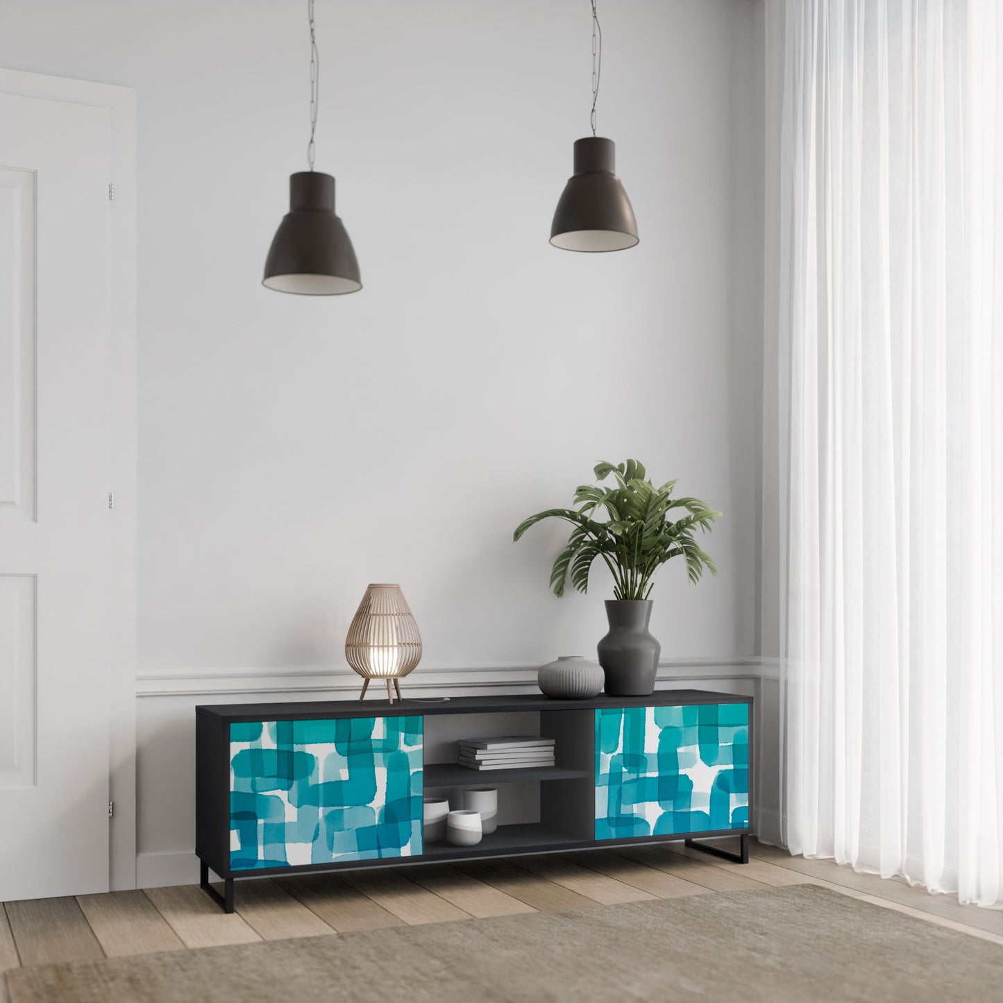 Meuble TV 2 portes TURQUOISE RECTANGLES en finition noire