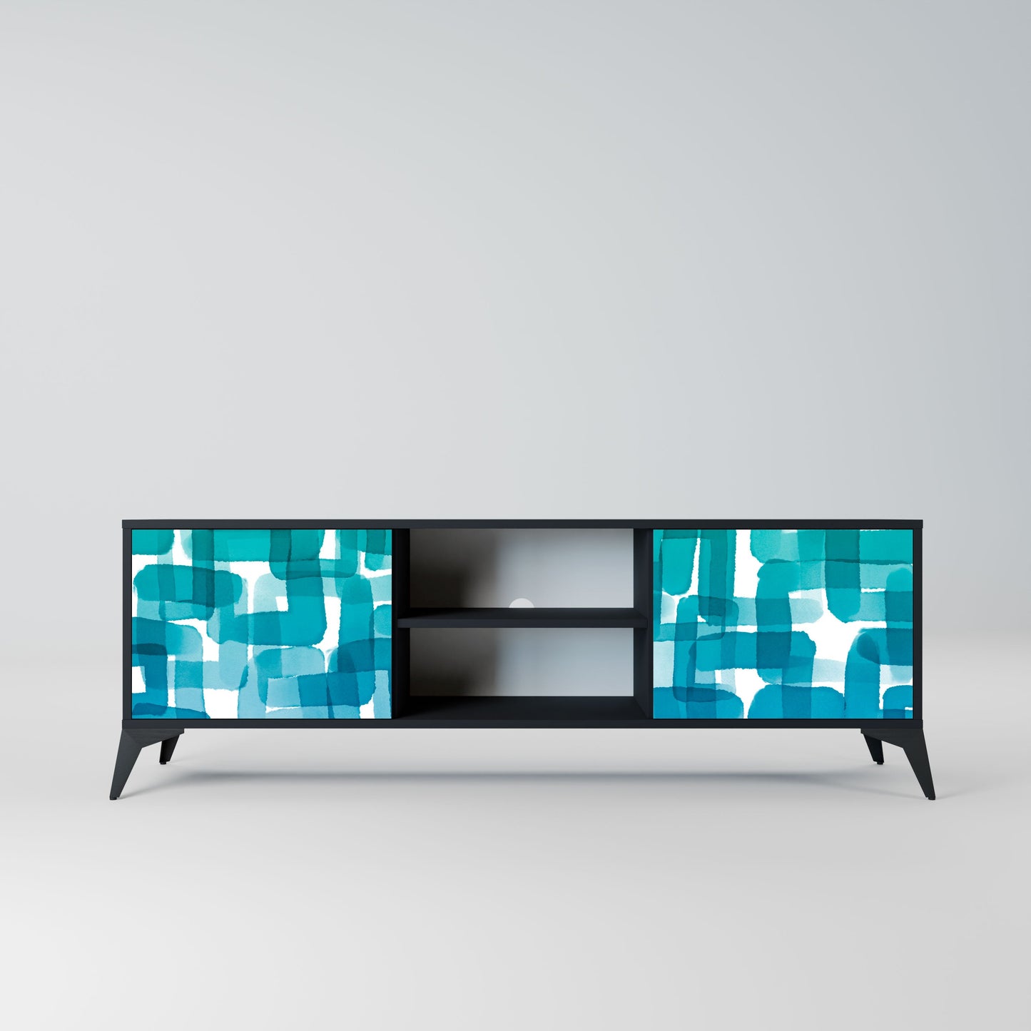 Meuble TV 2 portes TURQUOISE RECTANGLES en finition noire