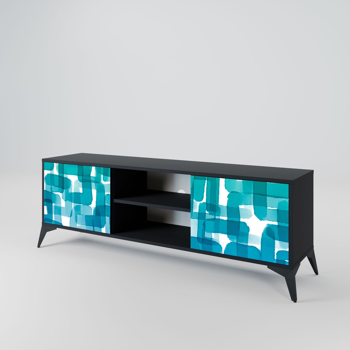 Meuble TV 2 portes TURQUOISE RECTANGLES en finition noire