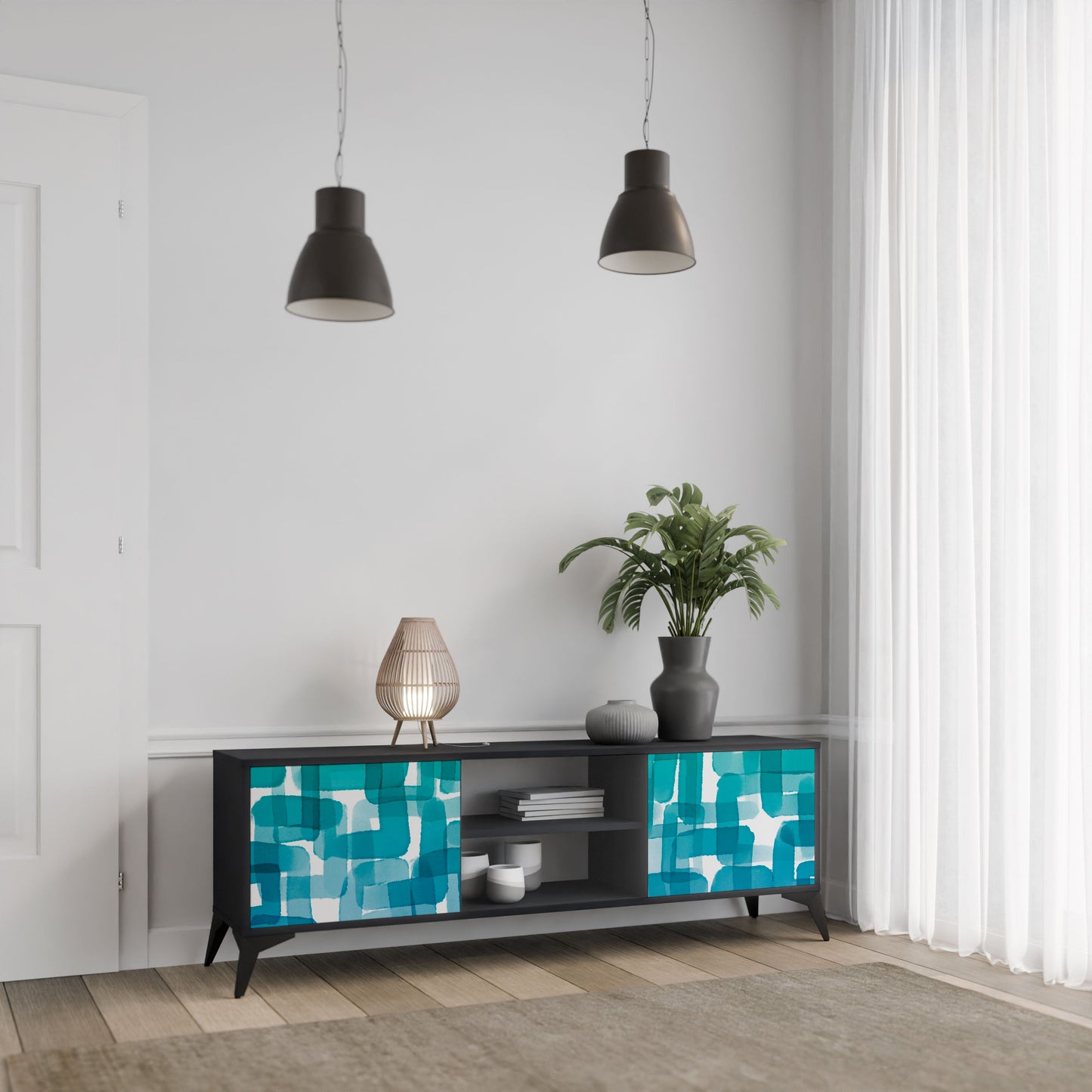 Meuble TV 2 portes TURQUOISE RECTANGLES en finition noire