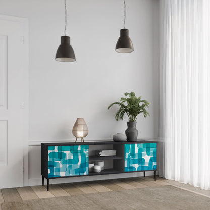 Meuble TV 2 portes TURQUOISE RECTANGLES en finition noire