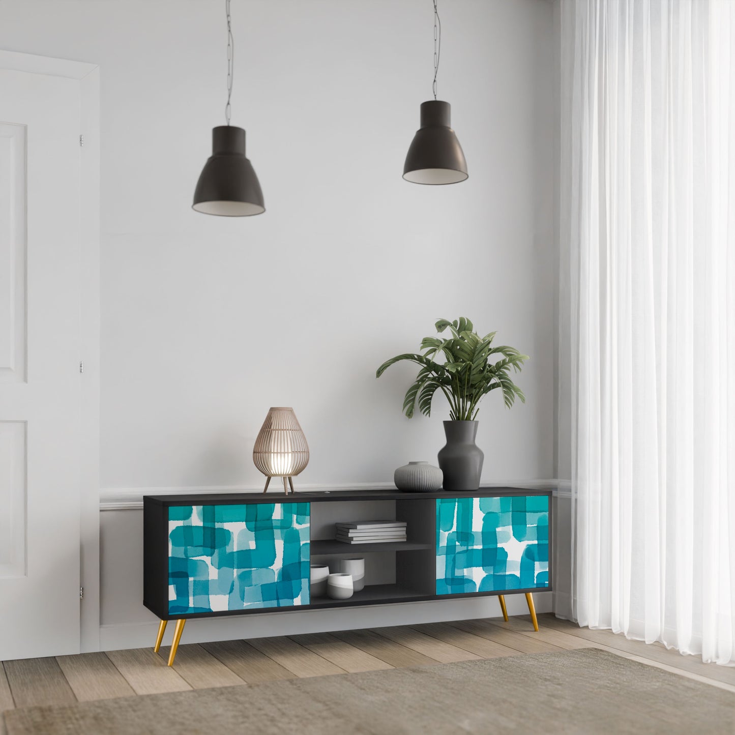 Meuble TV 2 portes TURQUOISE RECTANGLES en finition noire