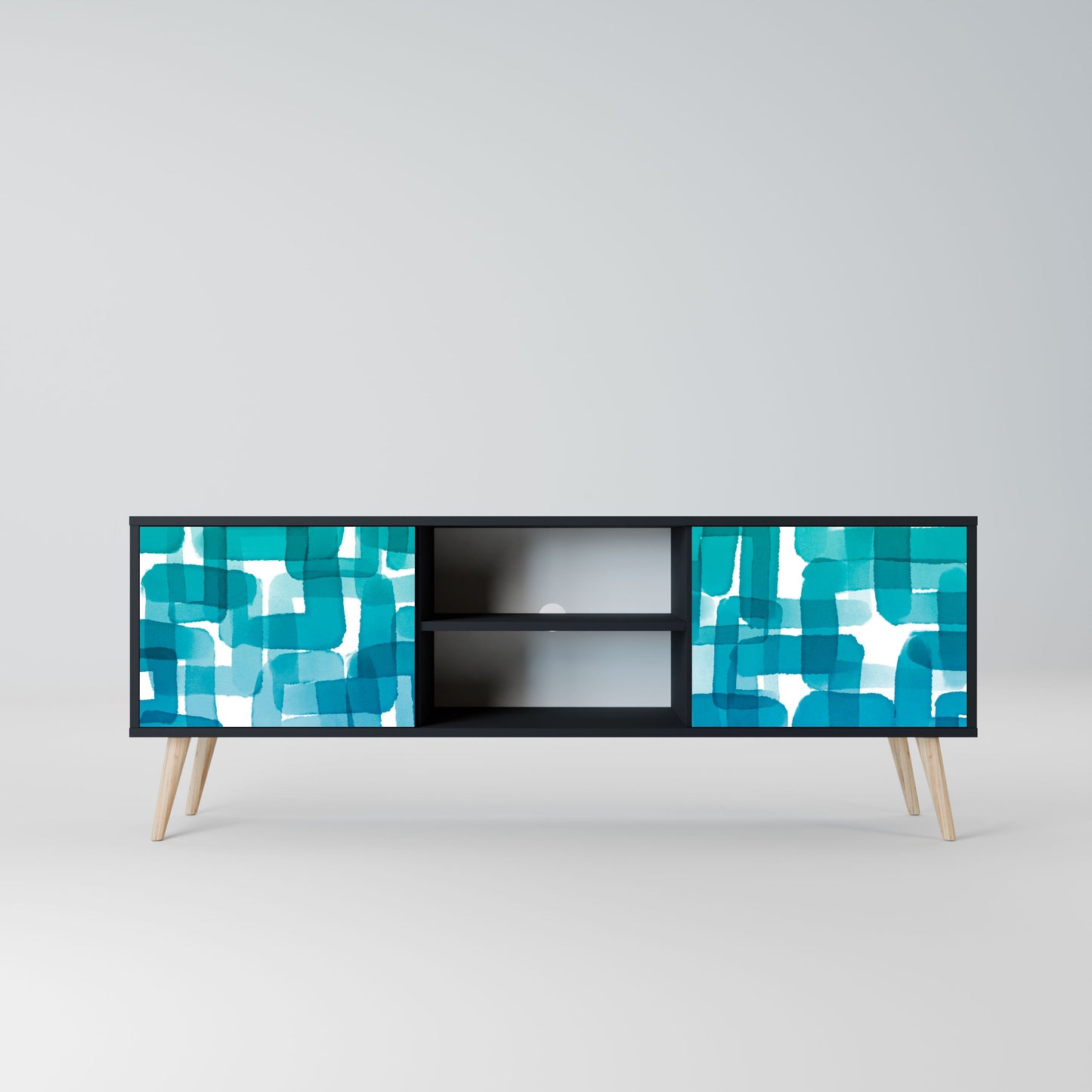 Meuble TV 2 portes TURQUOISE RECTANGLES en finition noire