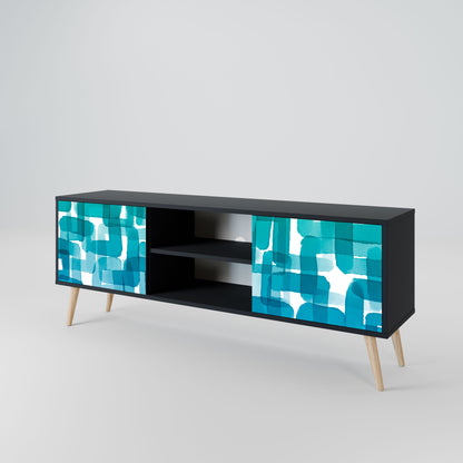 Meuble TV 2 portes TURQUOISE RECTANGLES en finition noire