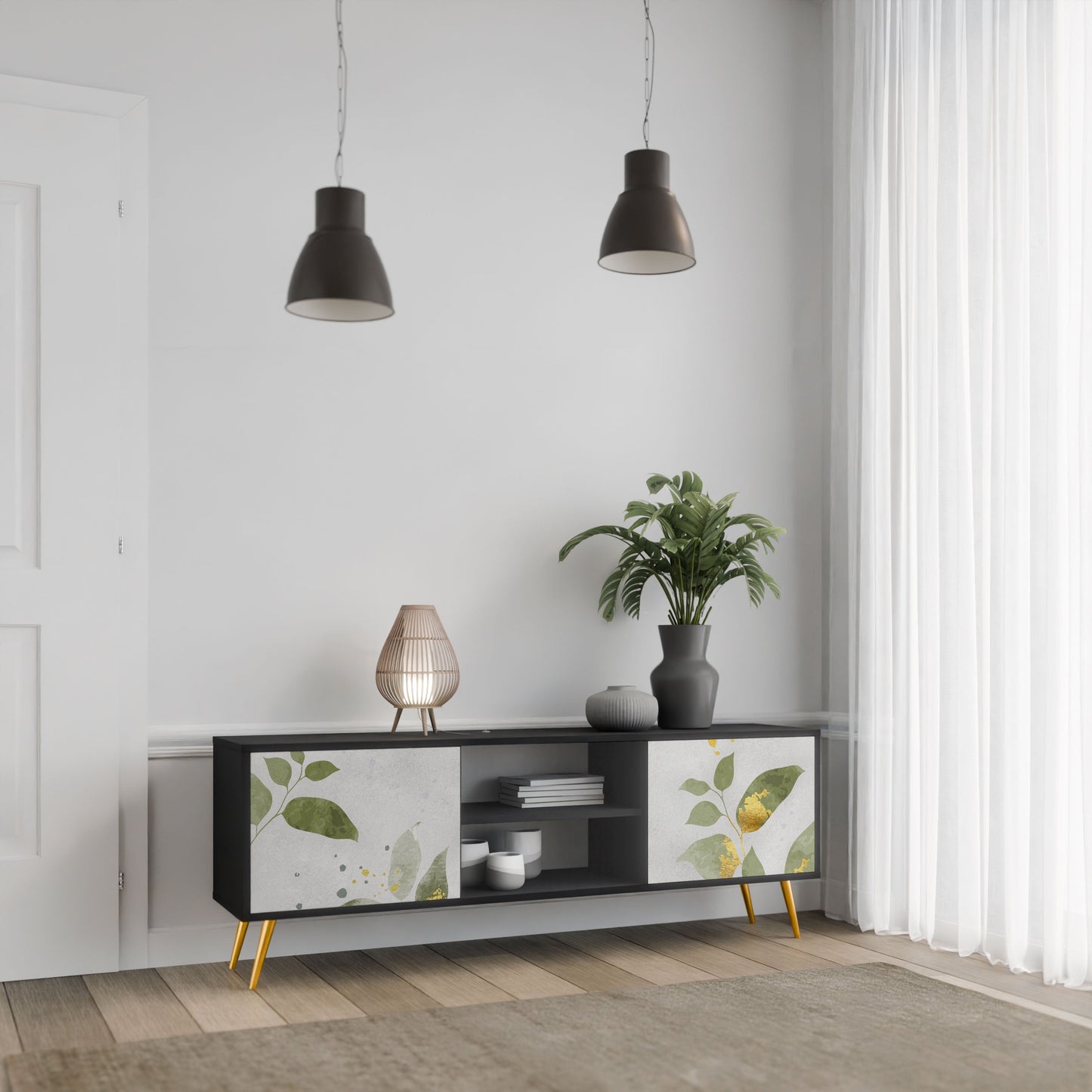 Meuble TV 2 portes ELEGANT BOTANICS en finition noire