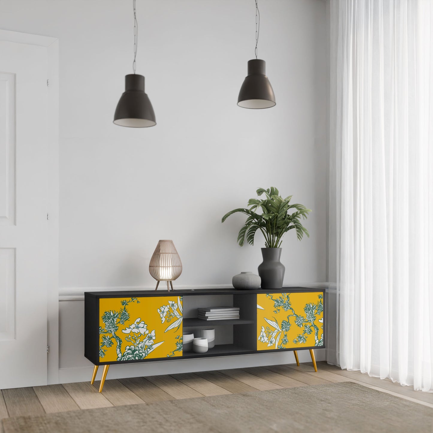 Mobile TV YELLOW CHINOISERIE a 2 ante con finitura nera