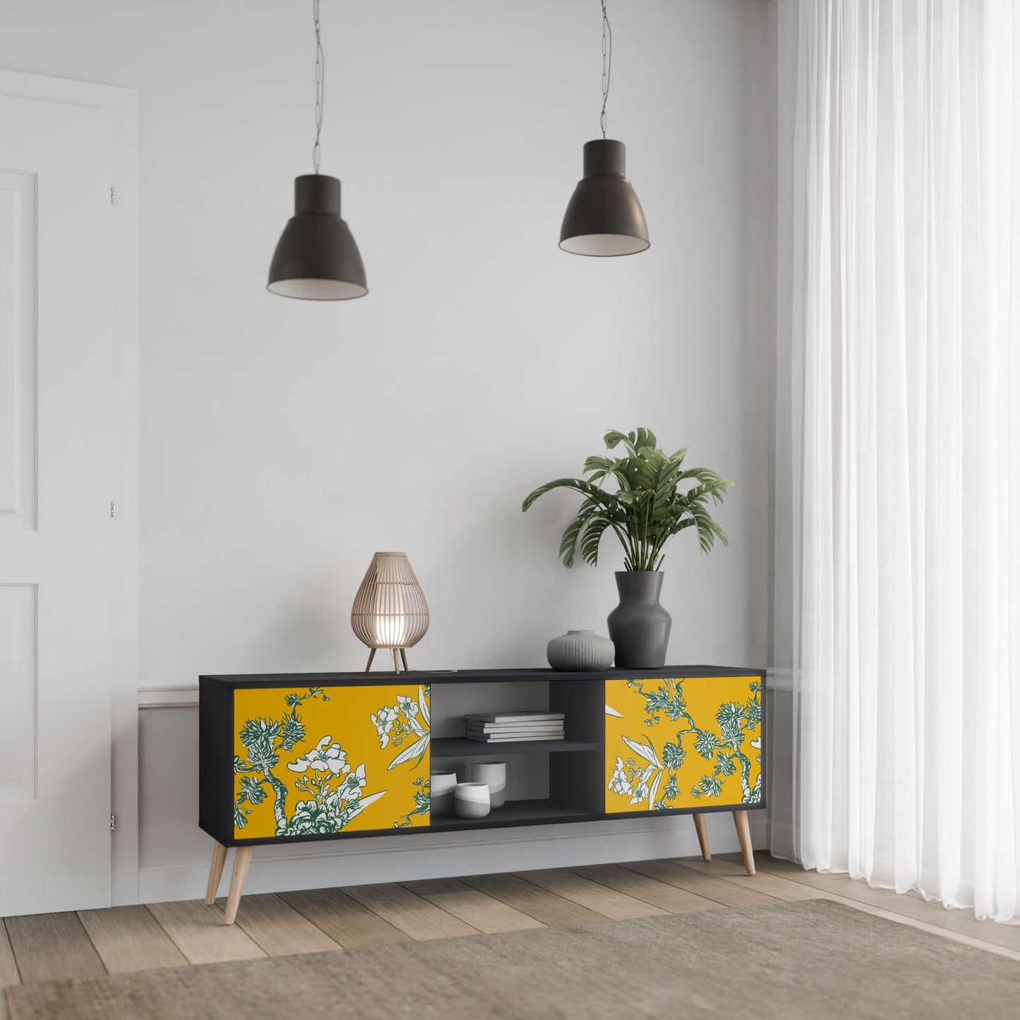 Mobile TV YELLOW CHINOISERIE a 2 ante con finitura nera