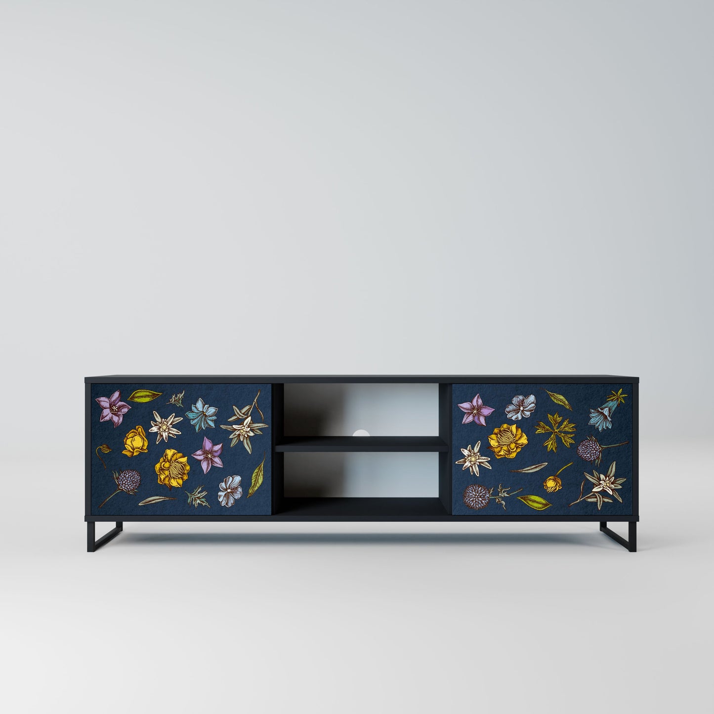 FLOWERS ON NAVY BLUE 2-Door TV Stand in Black Finish