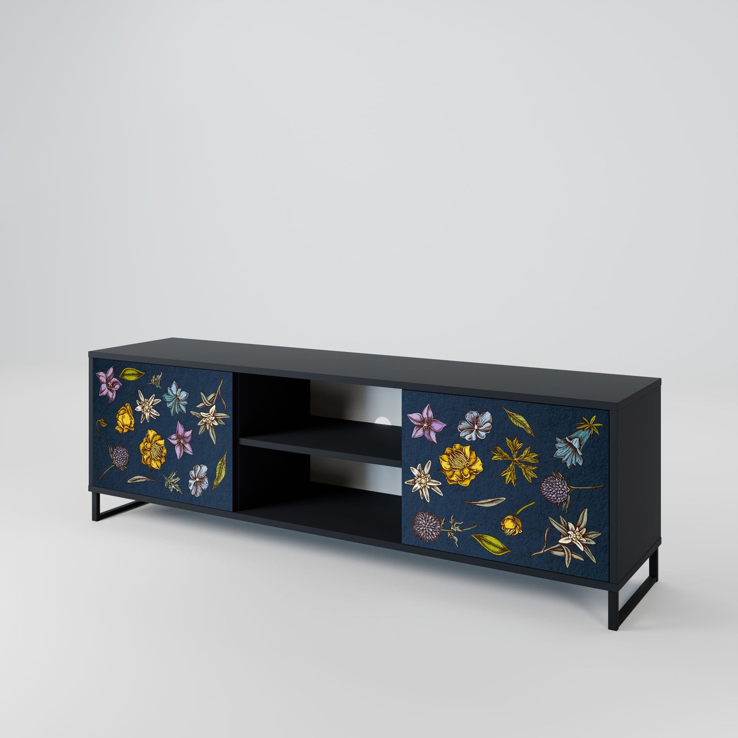 FLOWERS ON NAVY BLUE 2-Door TV Stand in Black Finish