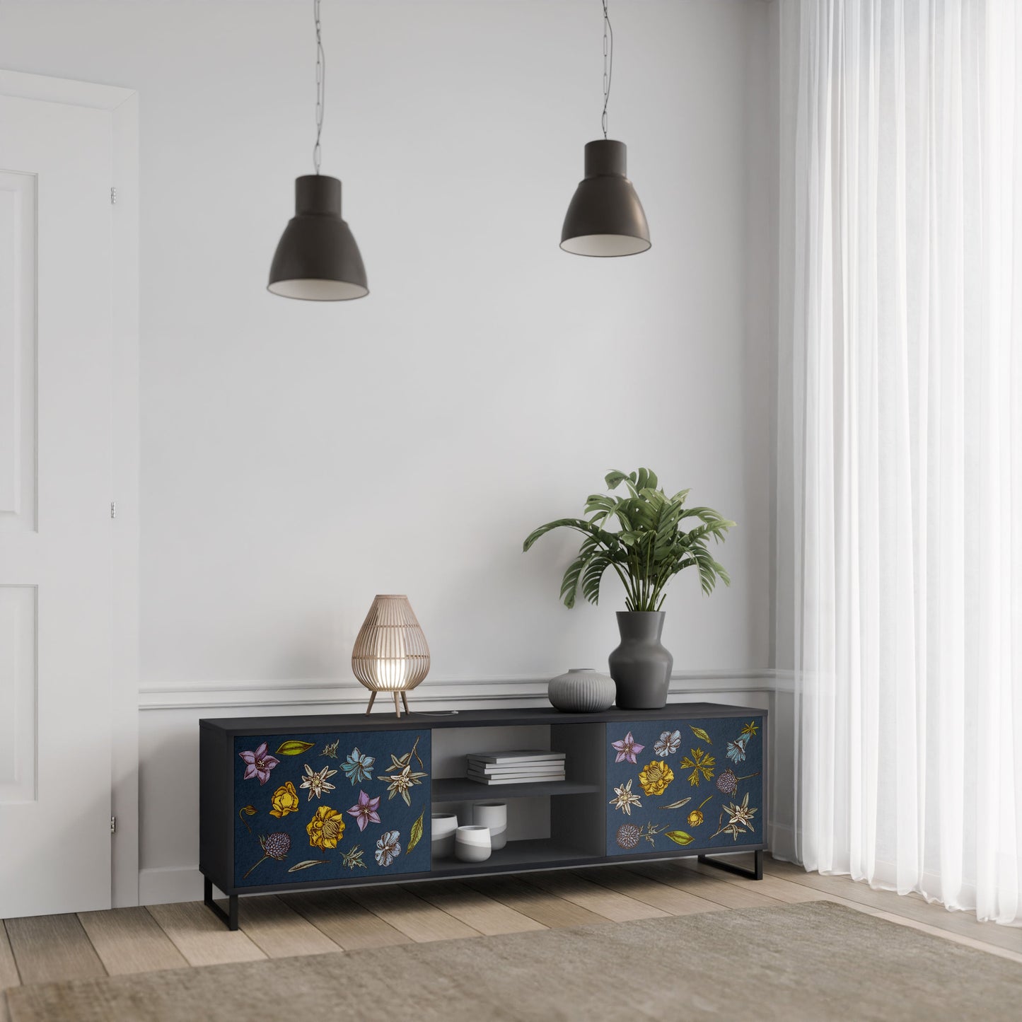 FLOWERS ON NAVY BLUE 2-Door TV Stand in Black Finish