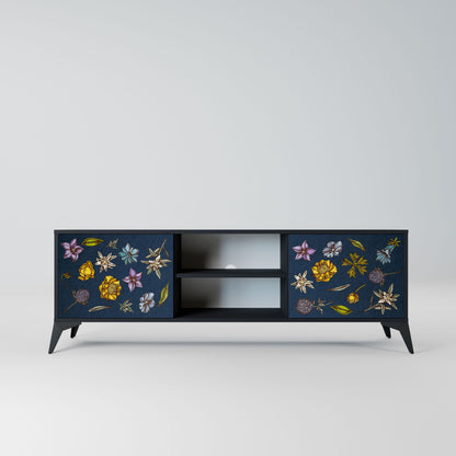 FLOWERS ON NAVY BLUE 2-Door TV Stand in Black Finish