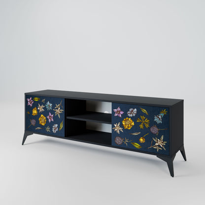 FLOWERS ON NAVY BLUE 2-Door TV Stand in Black Finish