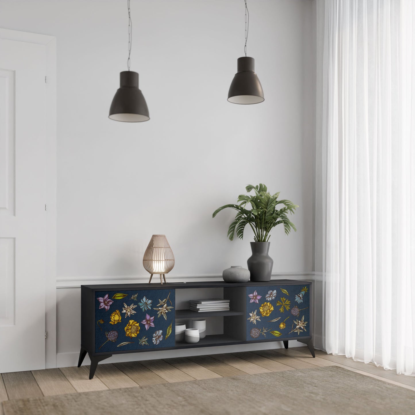 FLOWERS ON NAVY BLUE 2-Door TV Stand in Black Finish