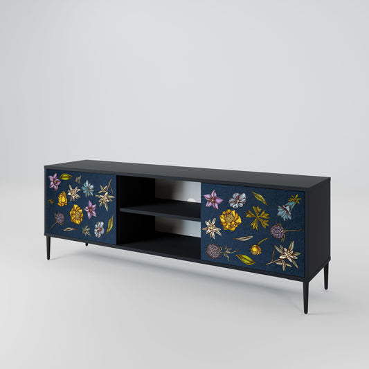 FLOWERS ON NAVY BLUE 2-Door TV Stand in Black Finish