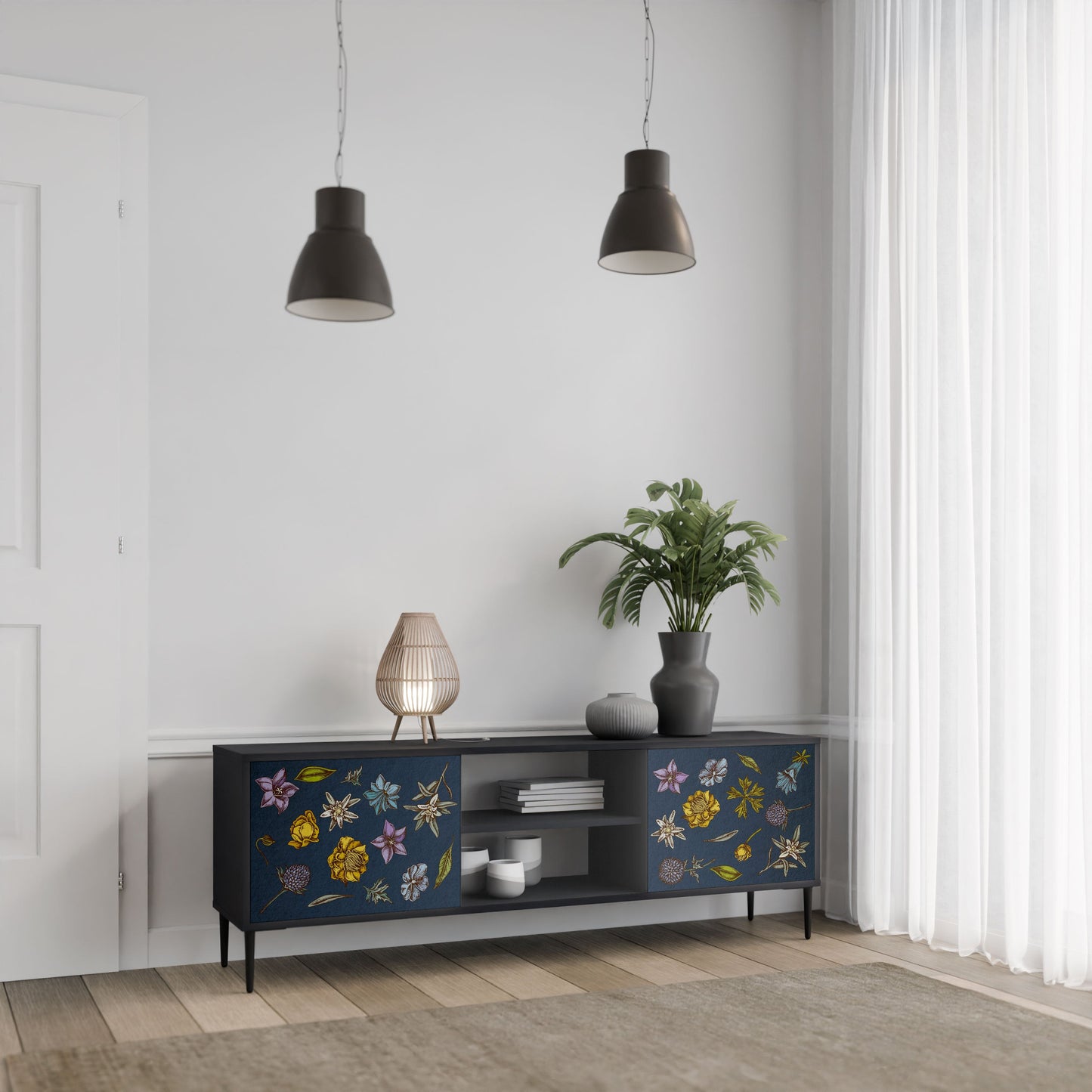 FLOWERS ON NAVY BLUE 2-Door TV Stand in Black Finish