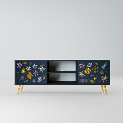 FLOWERS ON NAVY BLUE 2-Door TV Stand in Black Finish