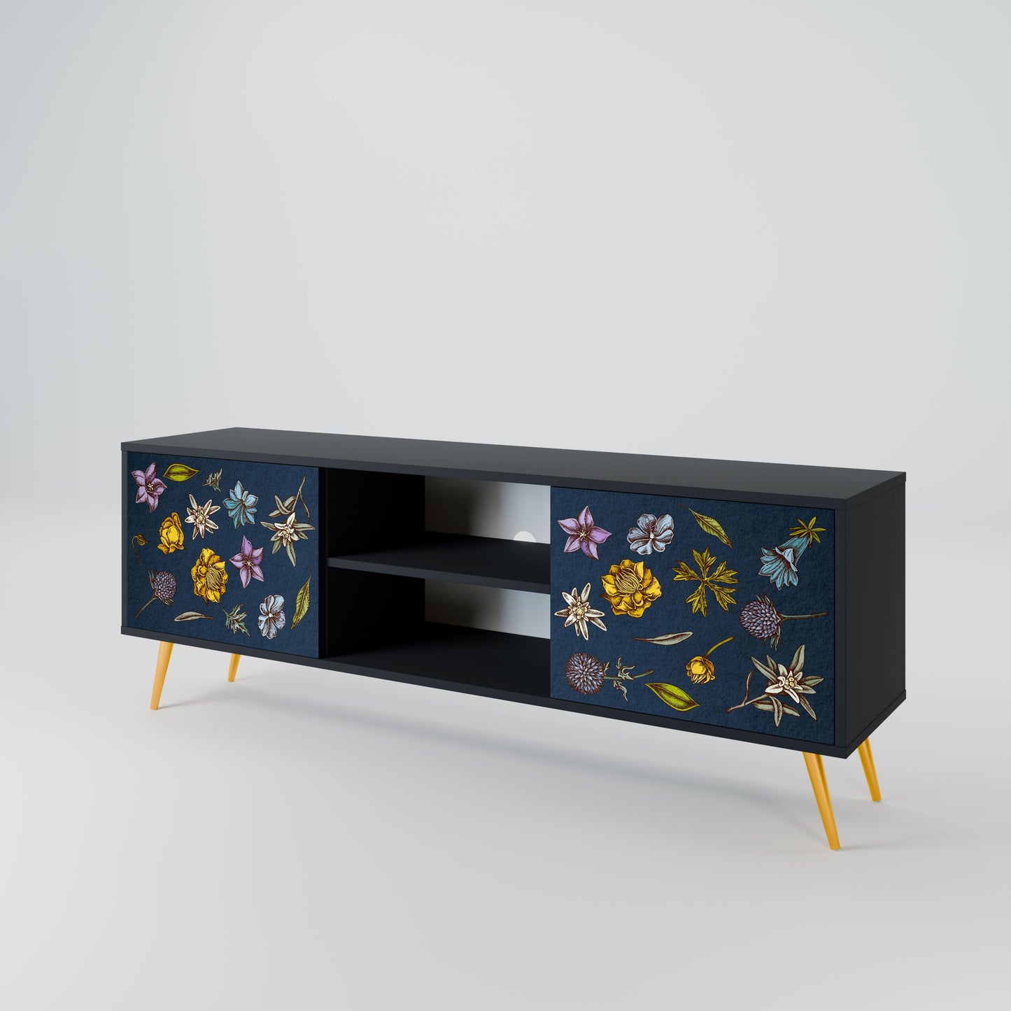 FLOWERS ON NAVY BLUE 2-Door TV Stand in Black Finish