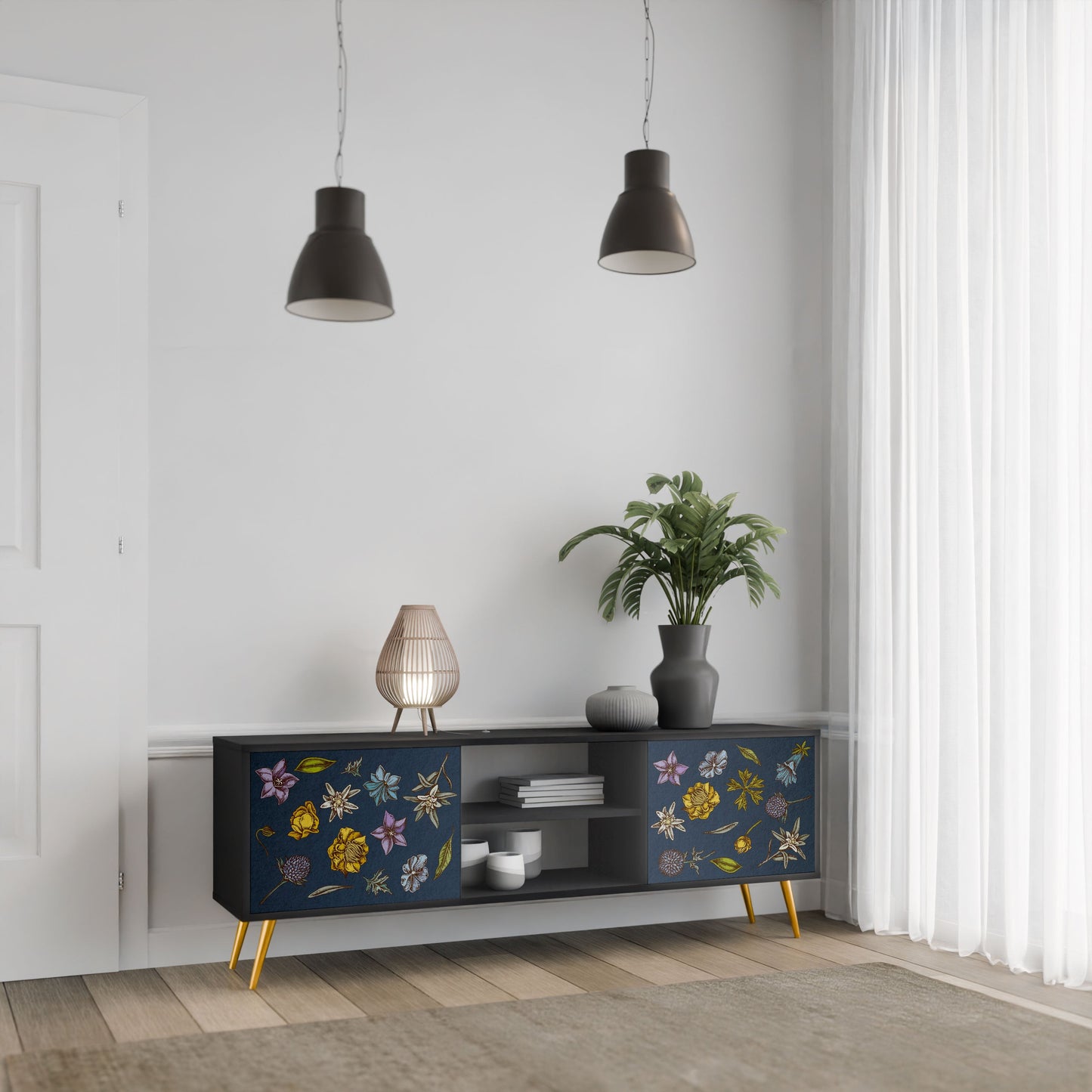 FLOWERS ON NAVY BLUE 2-Door TV Stand in Black Finish