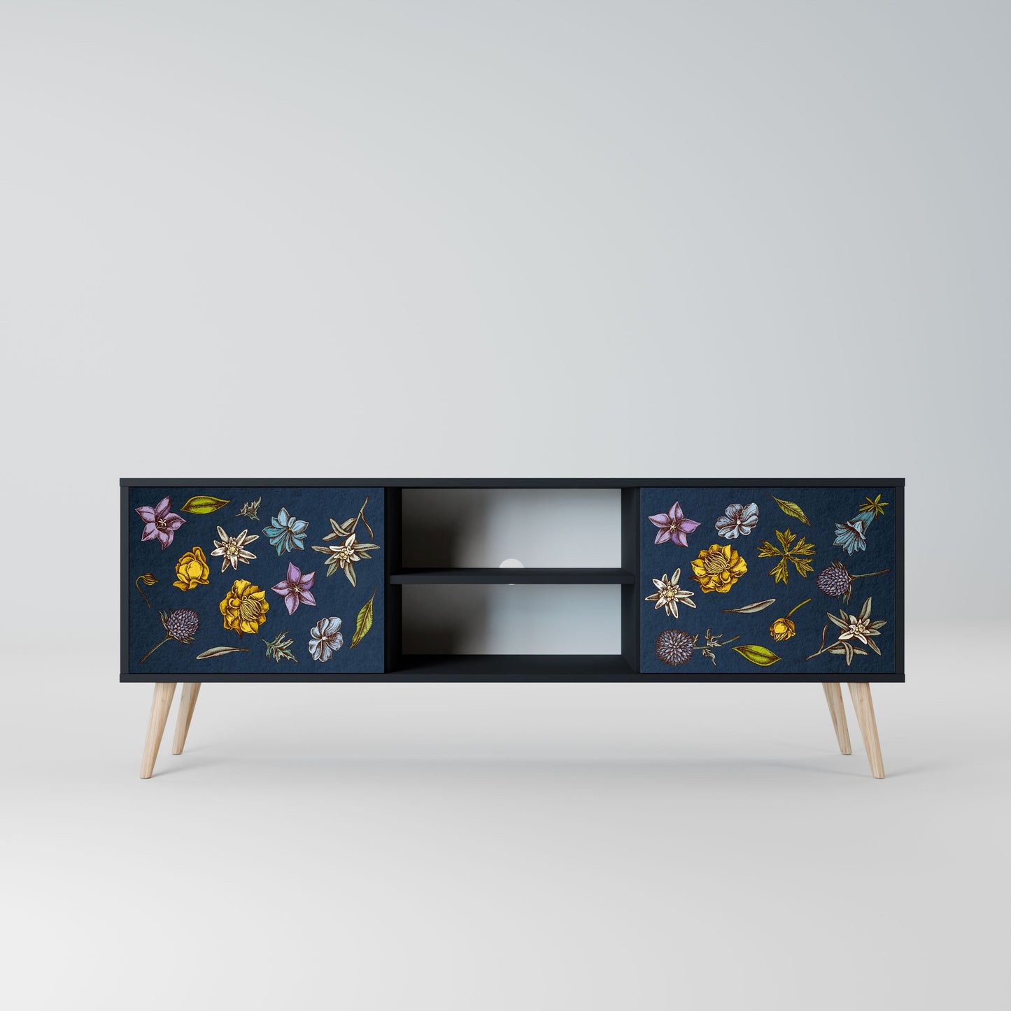 FLOWERS ON NAVY BLUE 2-Door TV Stand in Black Finish