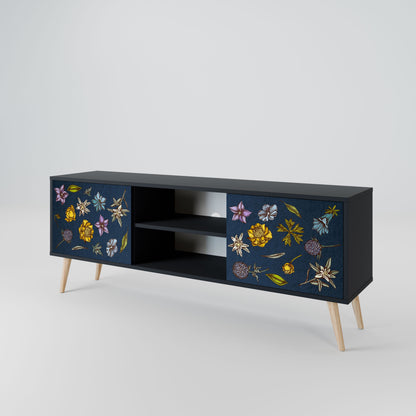 FLOWERS ON NAVY BLUE 2-Door TV Stand in Black Finish