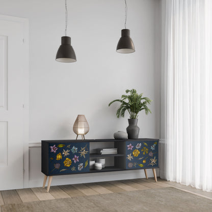 FLOWERS ON NAVY BLUE 2-Door TV Stand in Black Finish