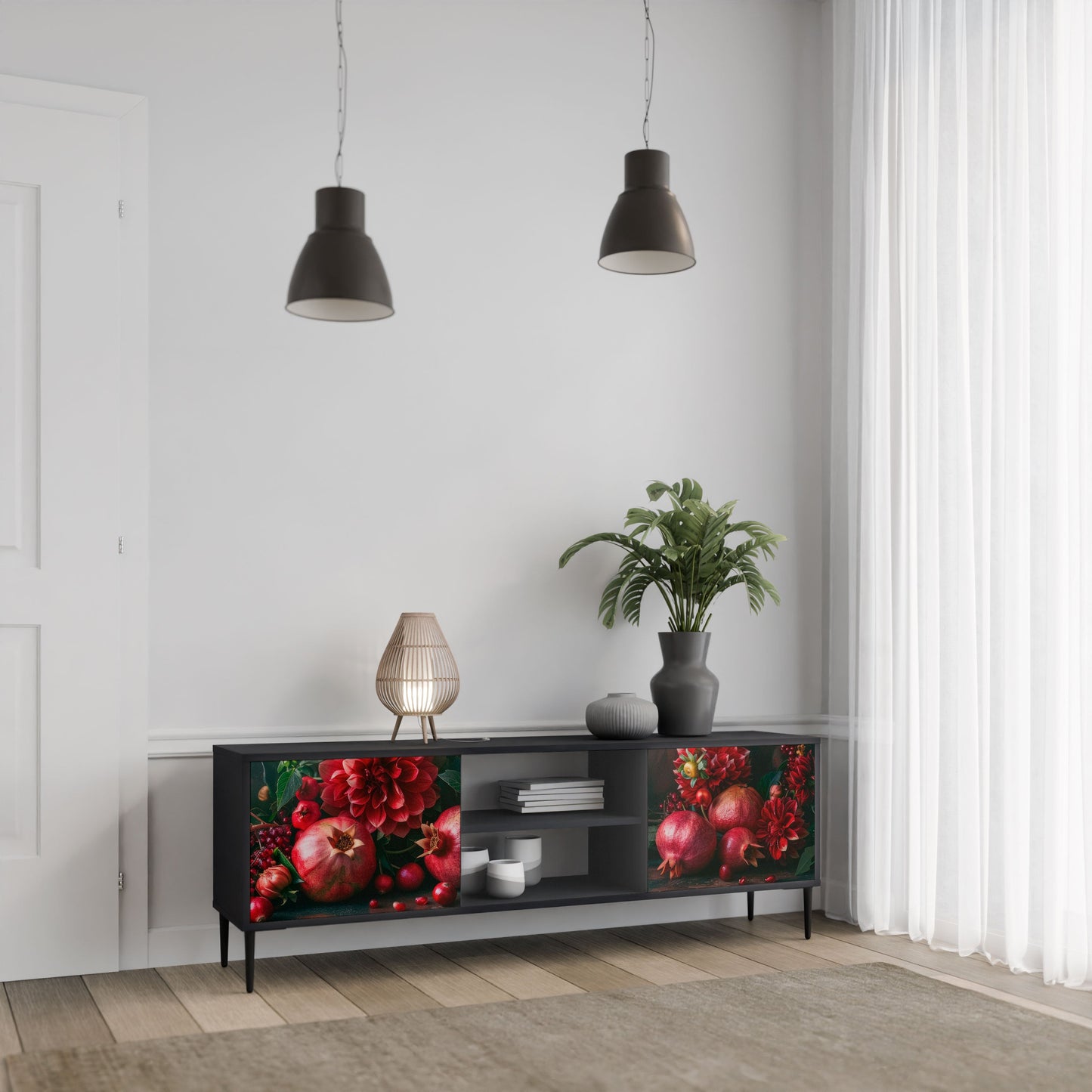 DAHLIAS AND POMEGRANATES 2-Door TV Stand in Black Finish