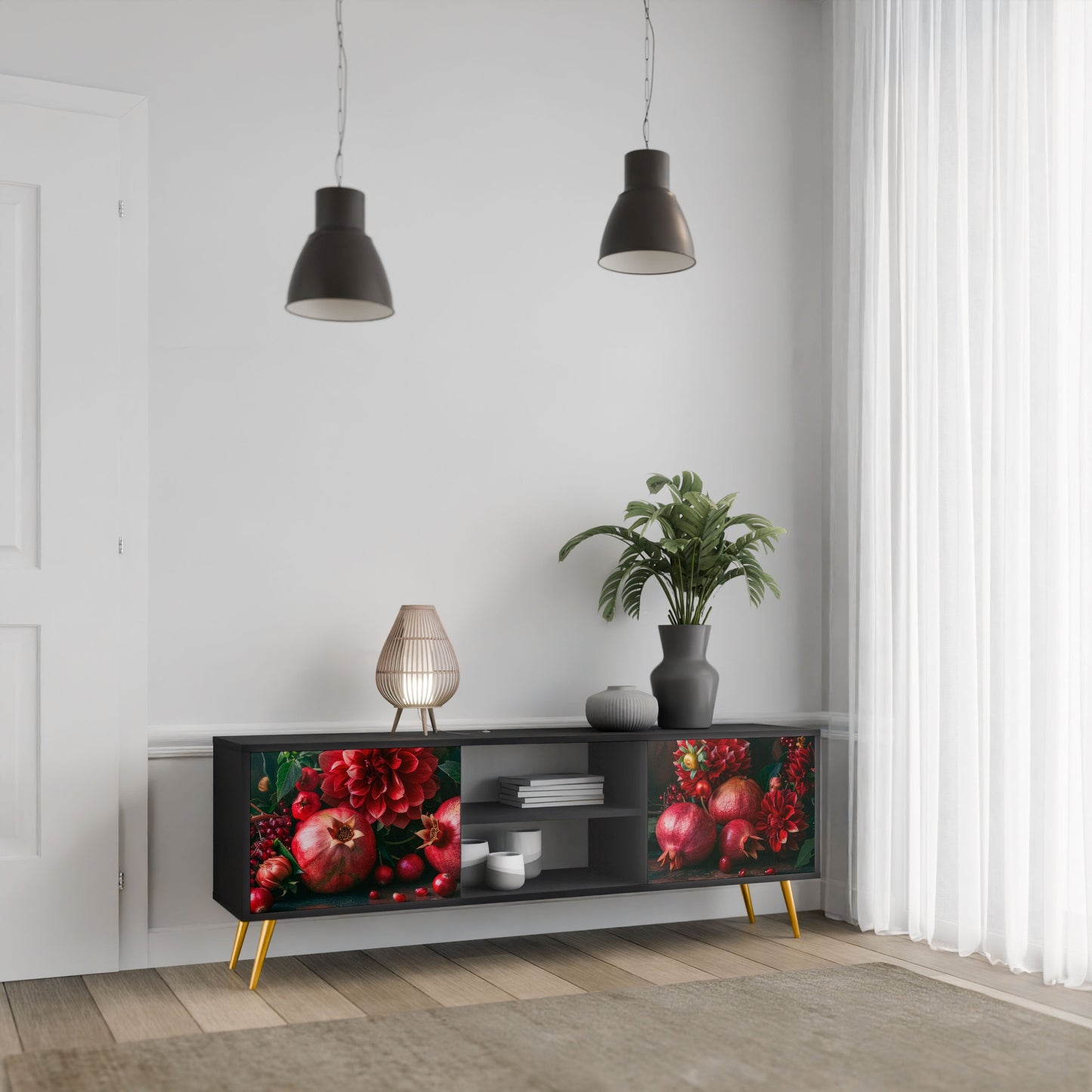 DAHLIAS AND POMEGRANATES 2-Door TV Stand in Black Finish