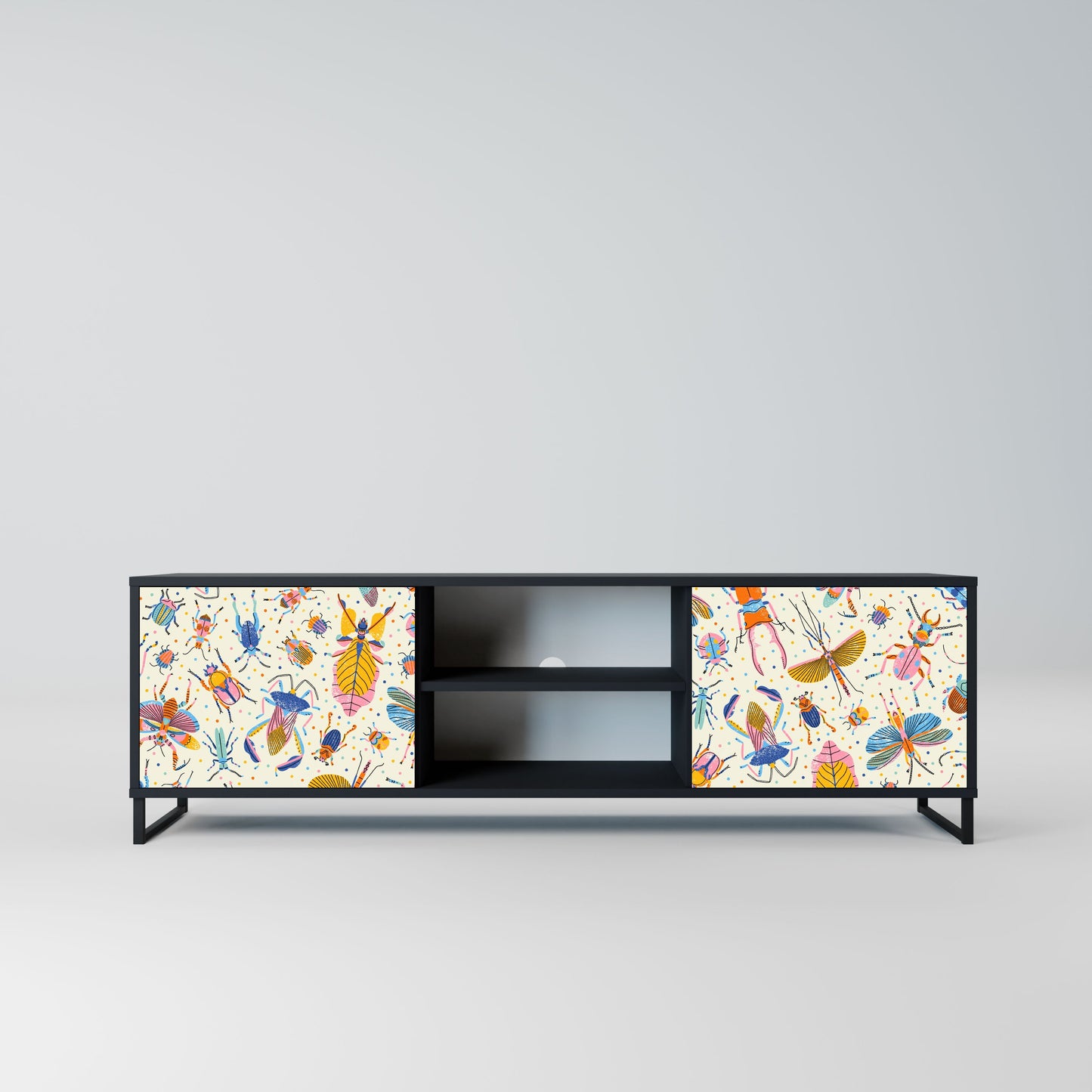 COLORFUL INSECTS 2-Door TV Stand in Black Finish