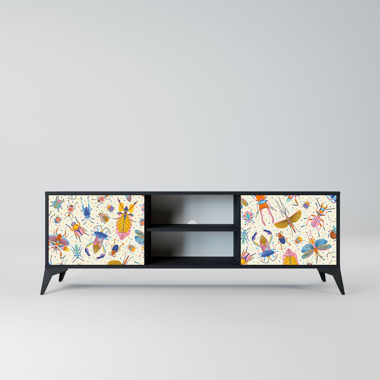 COLORFUL INSECTS 2-Door TV Stand in Black Finish