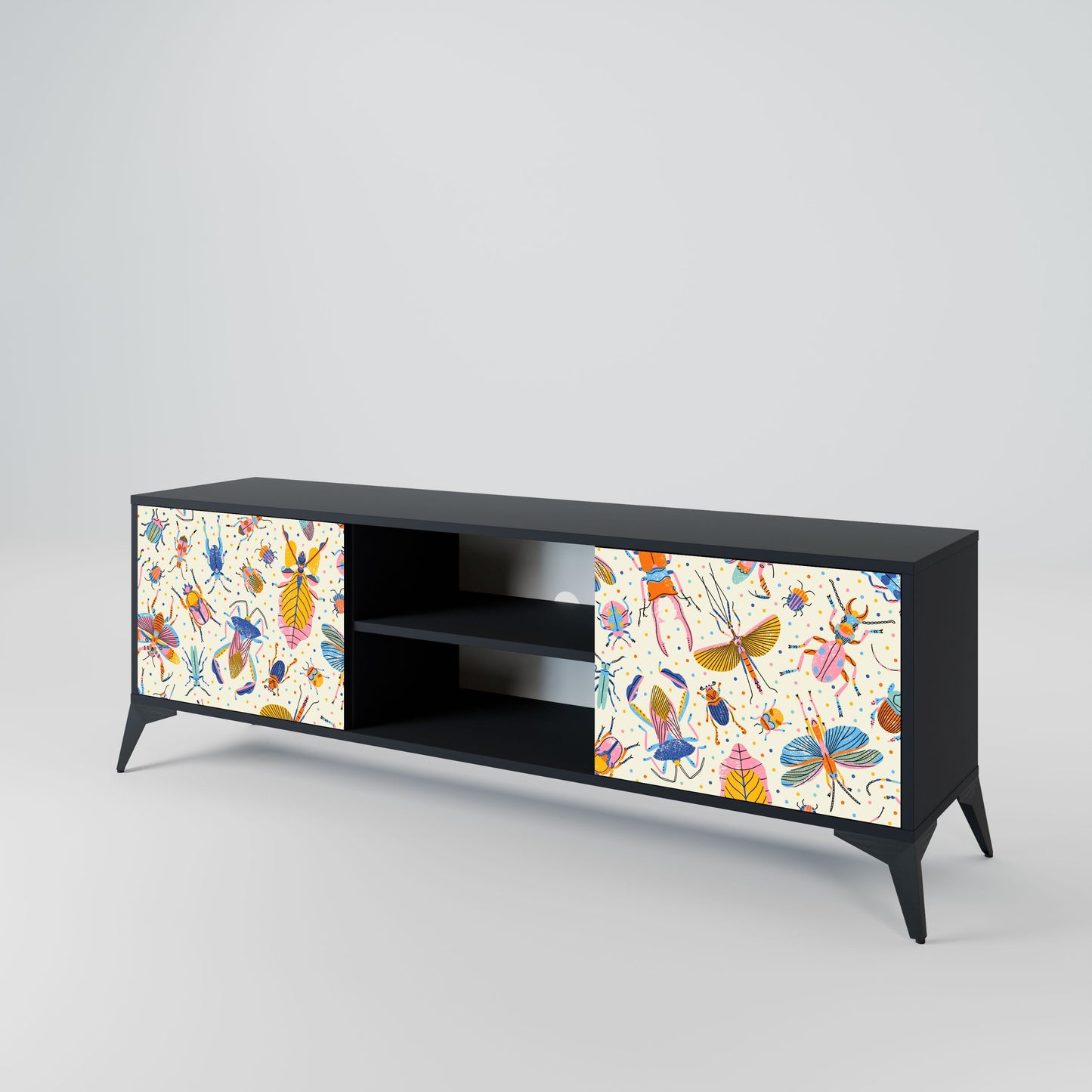 COLORFUL INSECTS 2-Door TV Stand in Black Finish