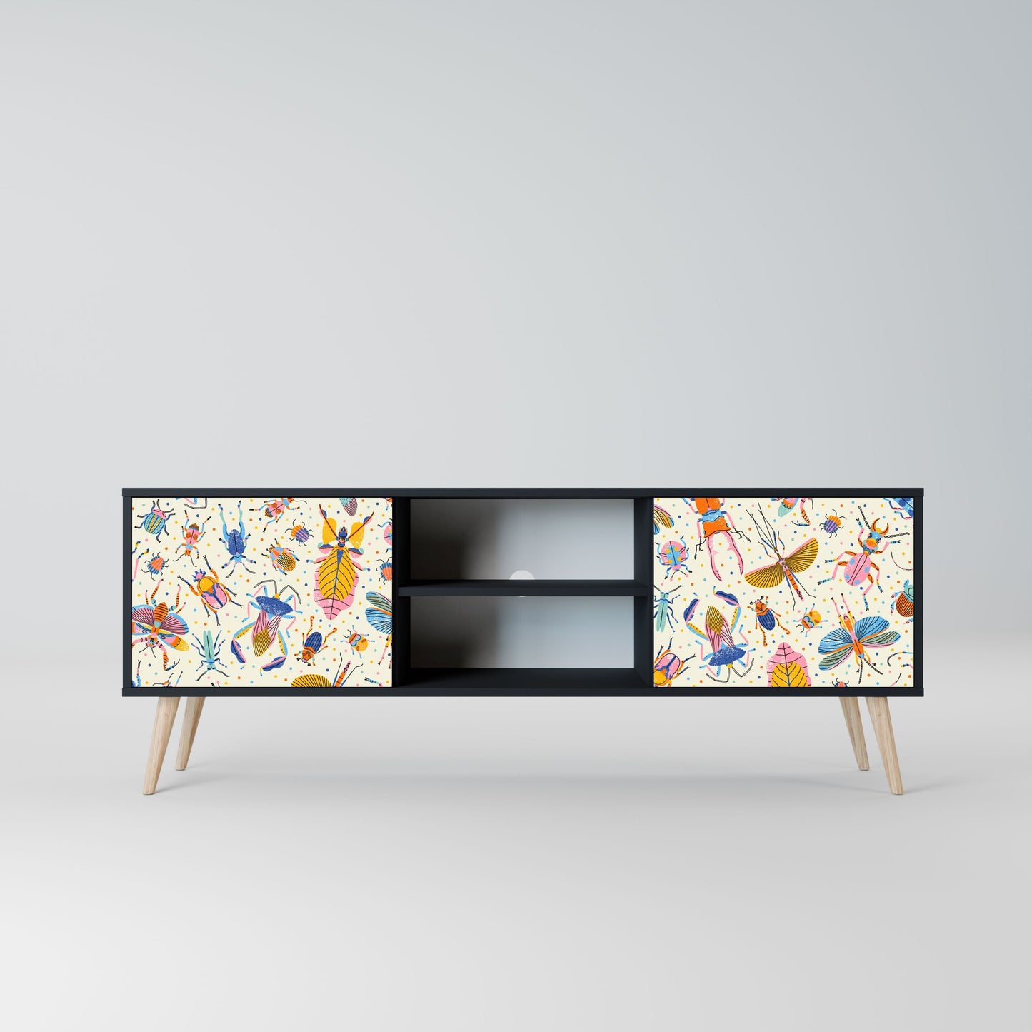 COLORFUL INSECTS 2-Door TV Stand in Black Finish