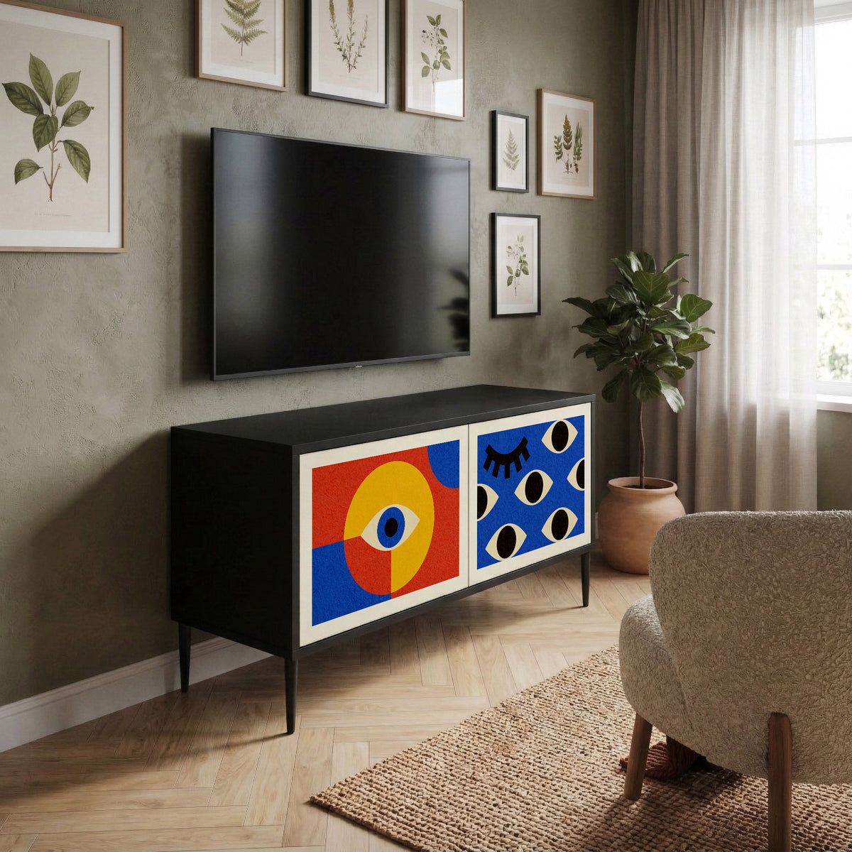 GEOMETRIC EYES Kompakt TV-bänk med 2 dörrar