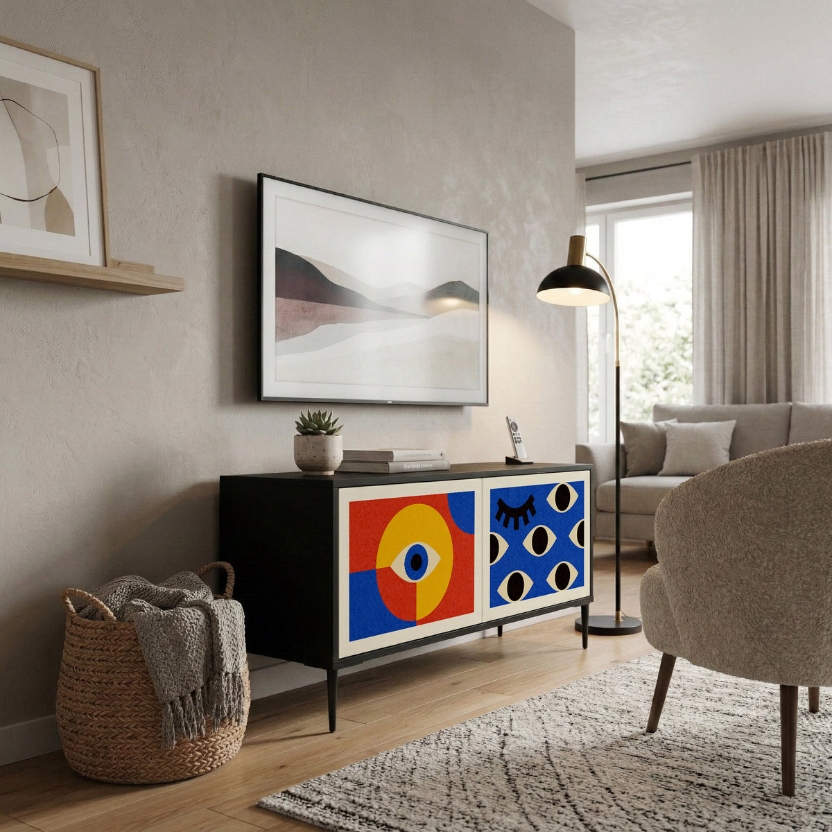 GEOMETRIC EYES Kompakt TV-bänk med 2 dörrar