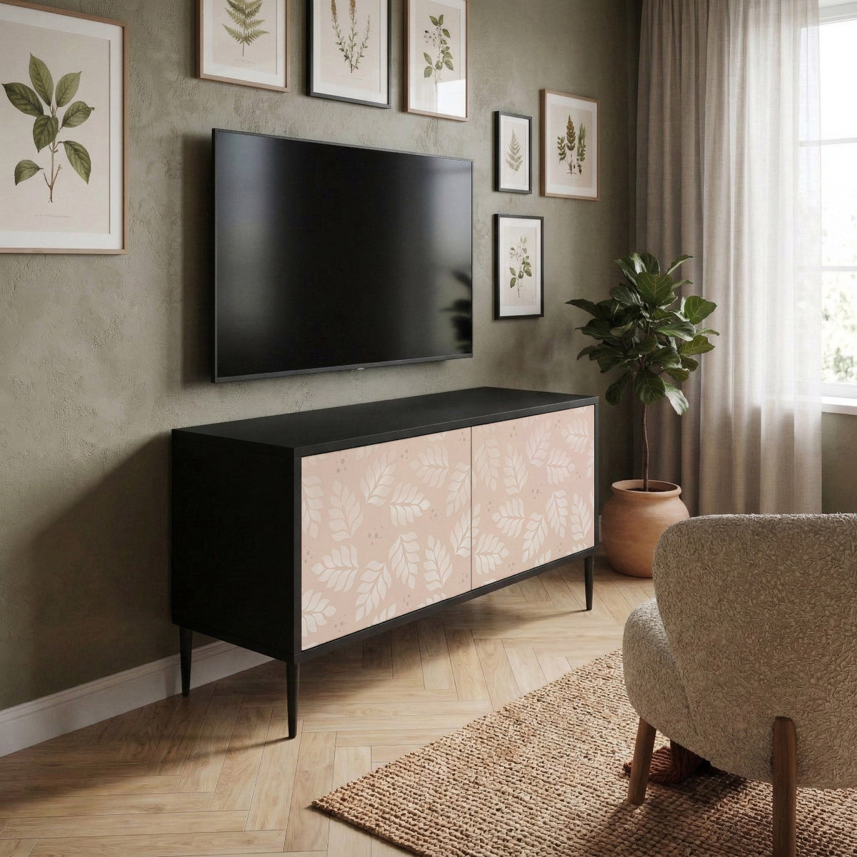 LEAVES ON BEIGE Kompakt TV-bänk med 2 dörrar