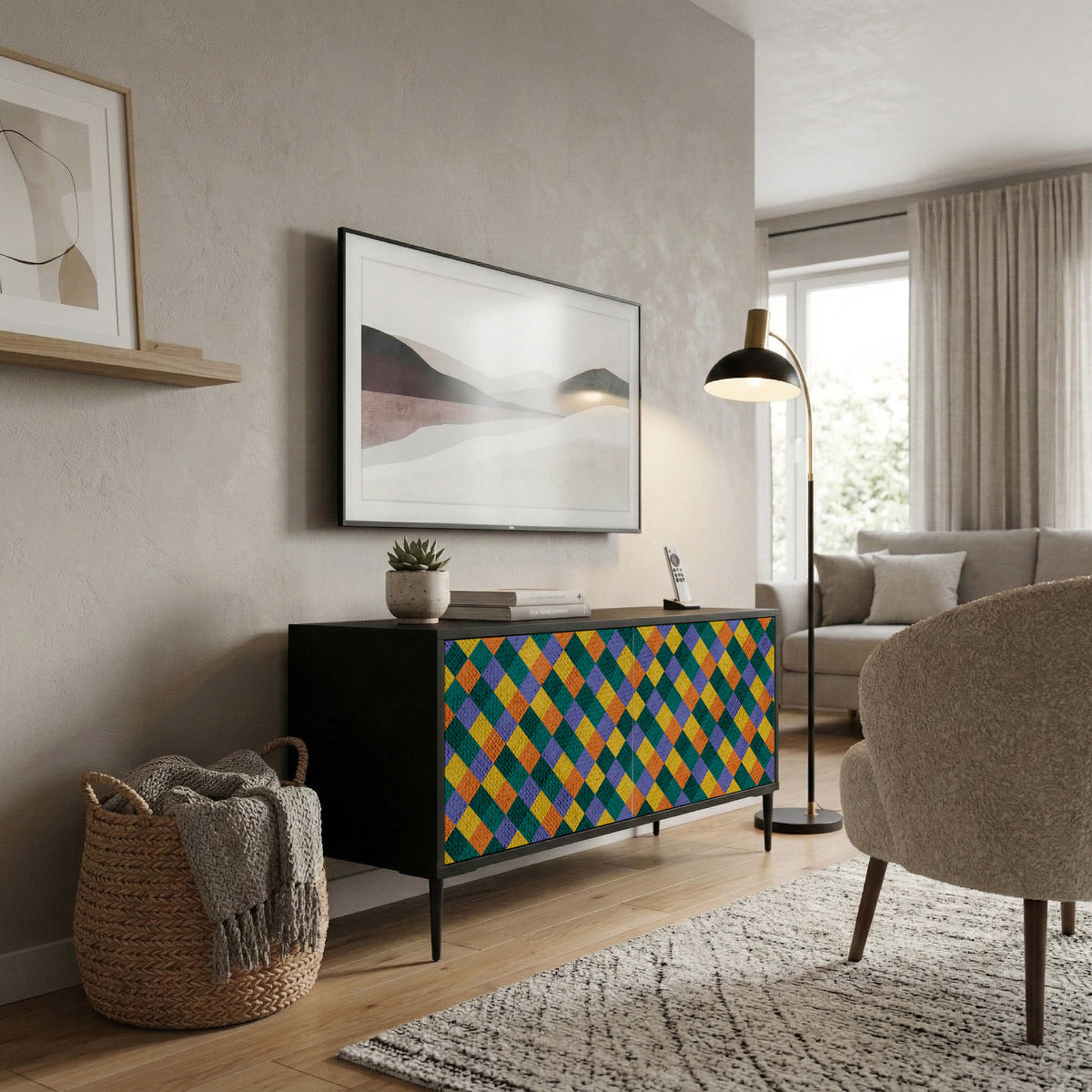 PAINTED SQUARES MIX Kompakt TV-bänk med 2 dörrar