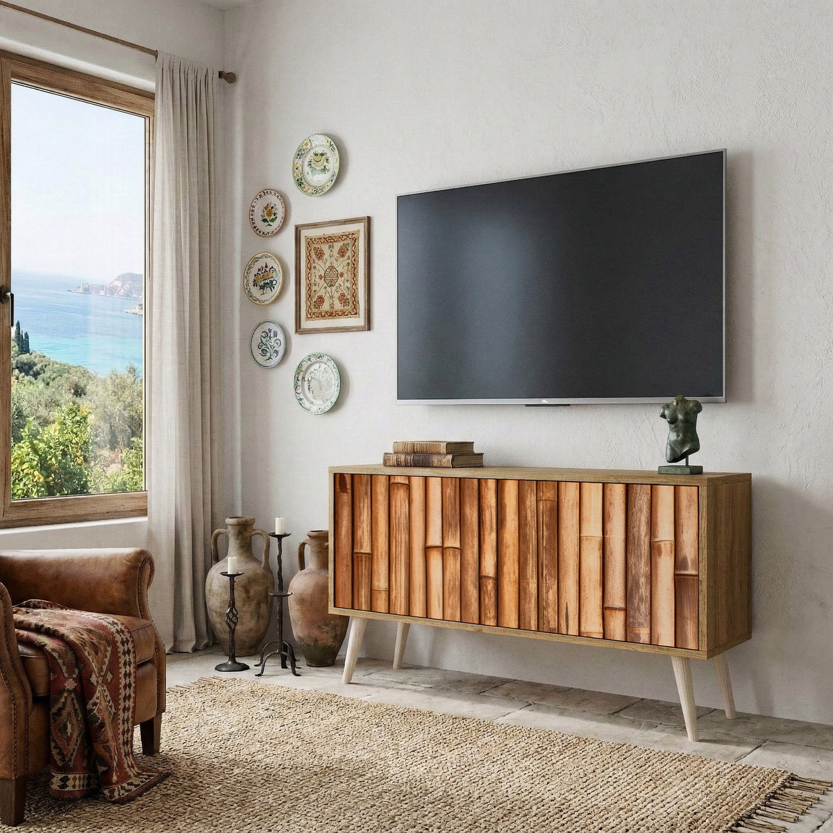 NATURAL WOOD Mueble de TV Compacto de 2 puertas