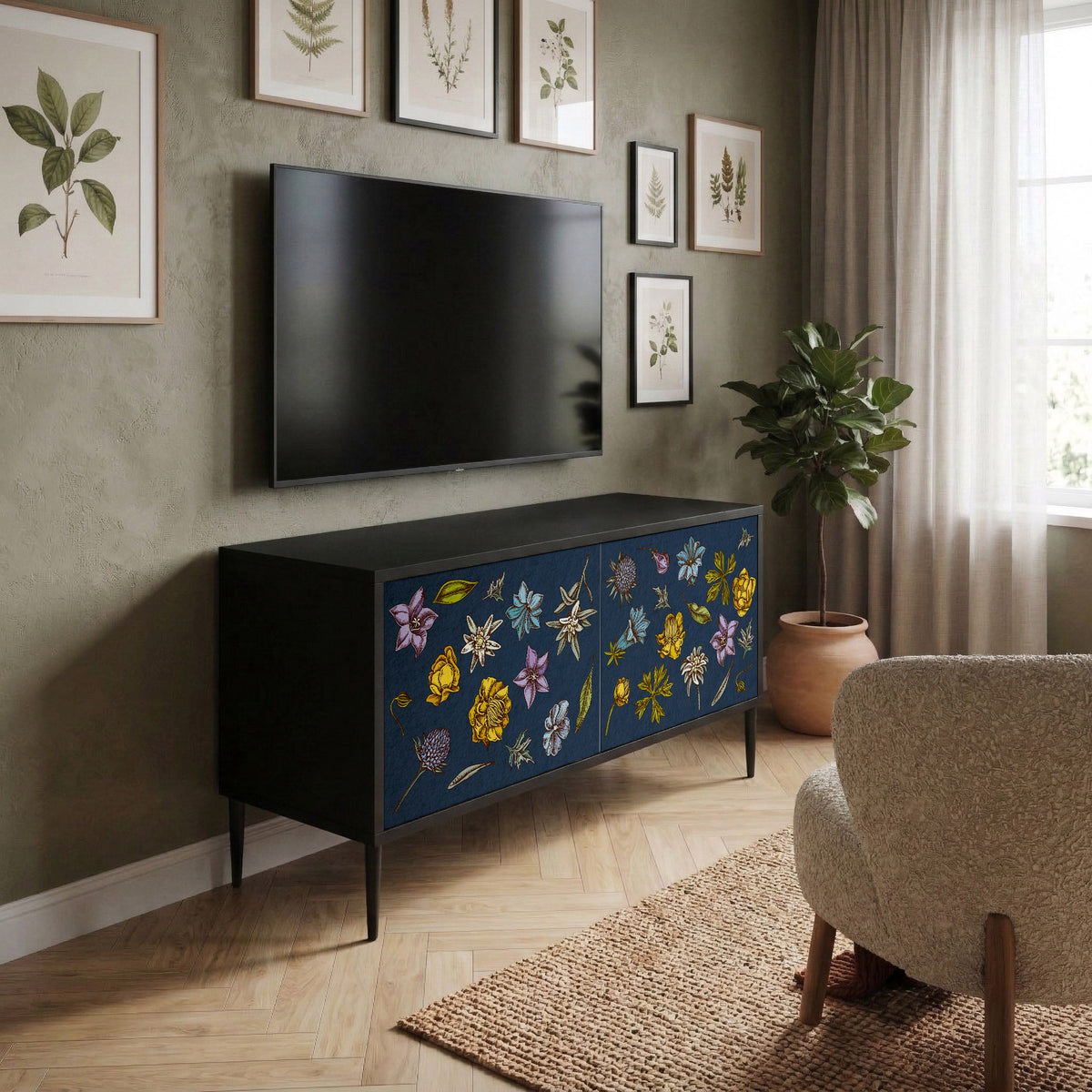 FLOWERS ON NAVY BLUE Kompakt TV-bänk med 2 dörrar