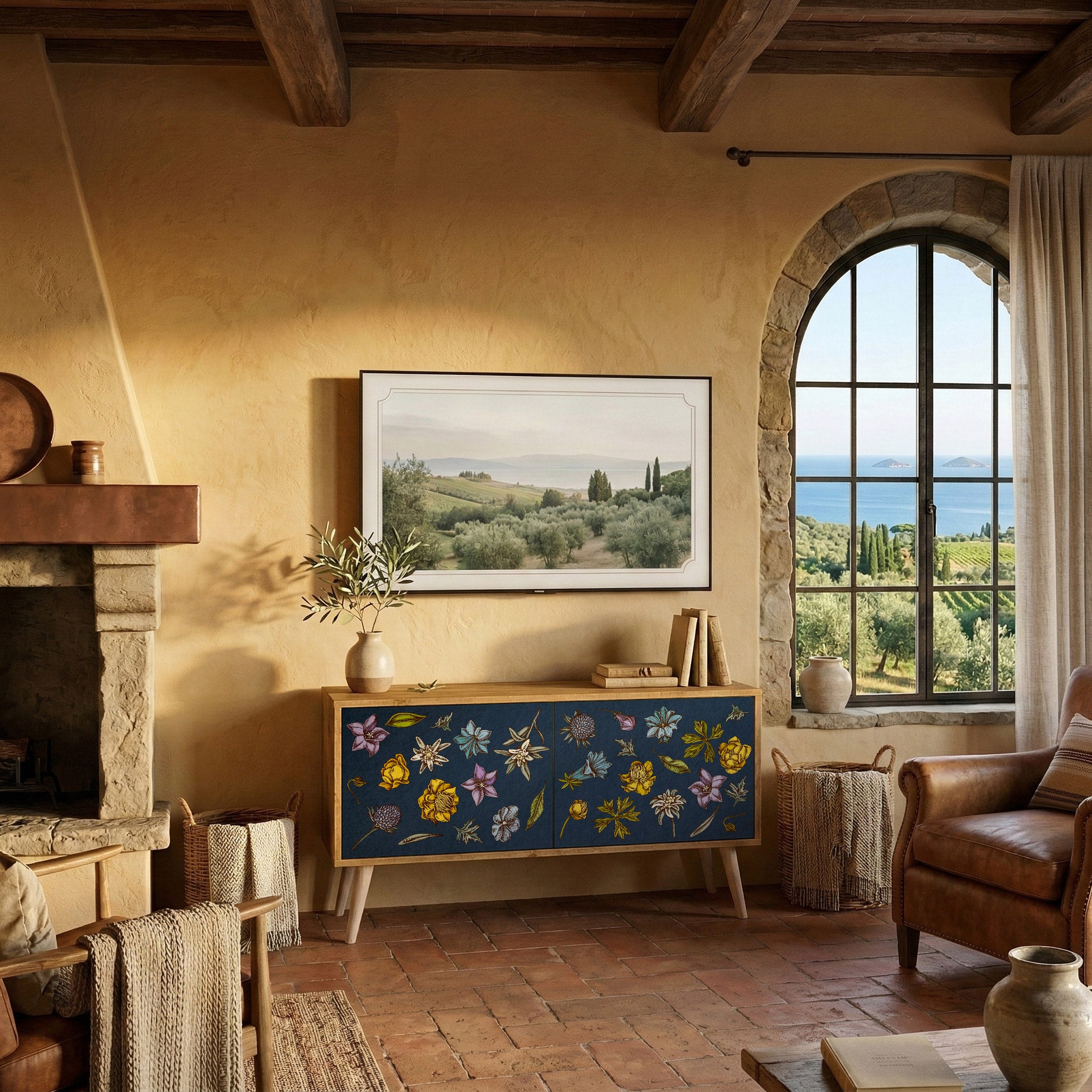 FLOWERS ON NAVY BLUE Móvel de TV Compacto de 2 Portas