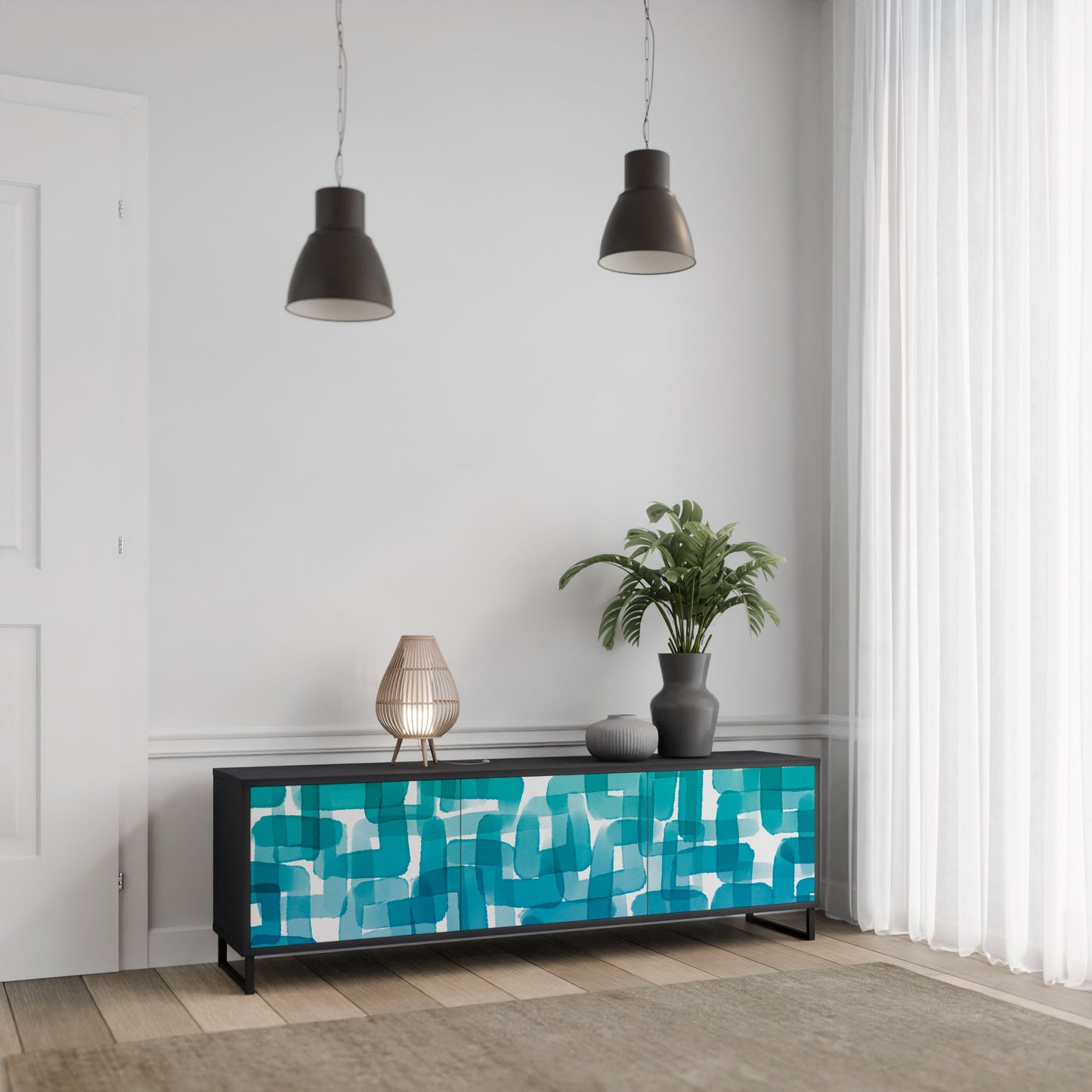 Meuble TV 3 portes TURQUOISE RECTANGLES en finition noire