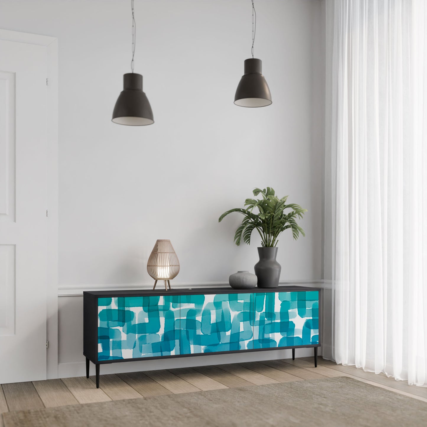 Meuble TV 3 portes TURQUOISE RECTANGLES en finition noire