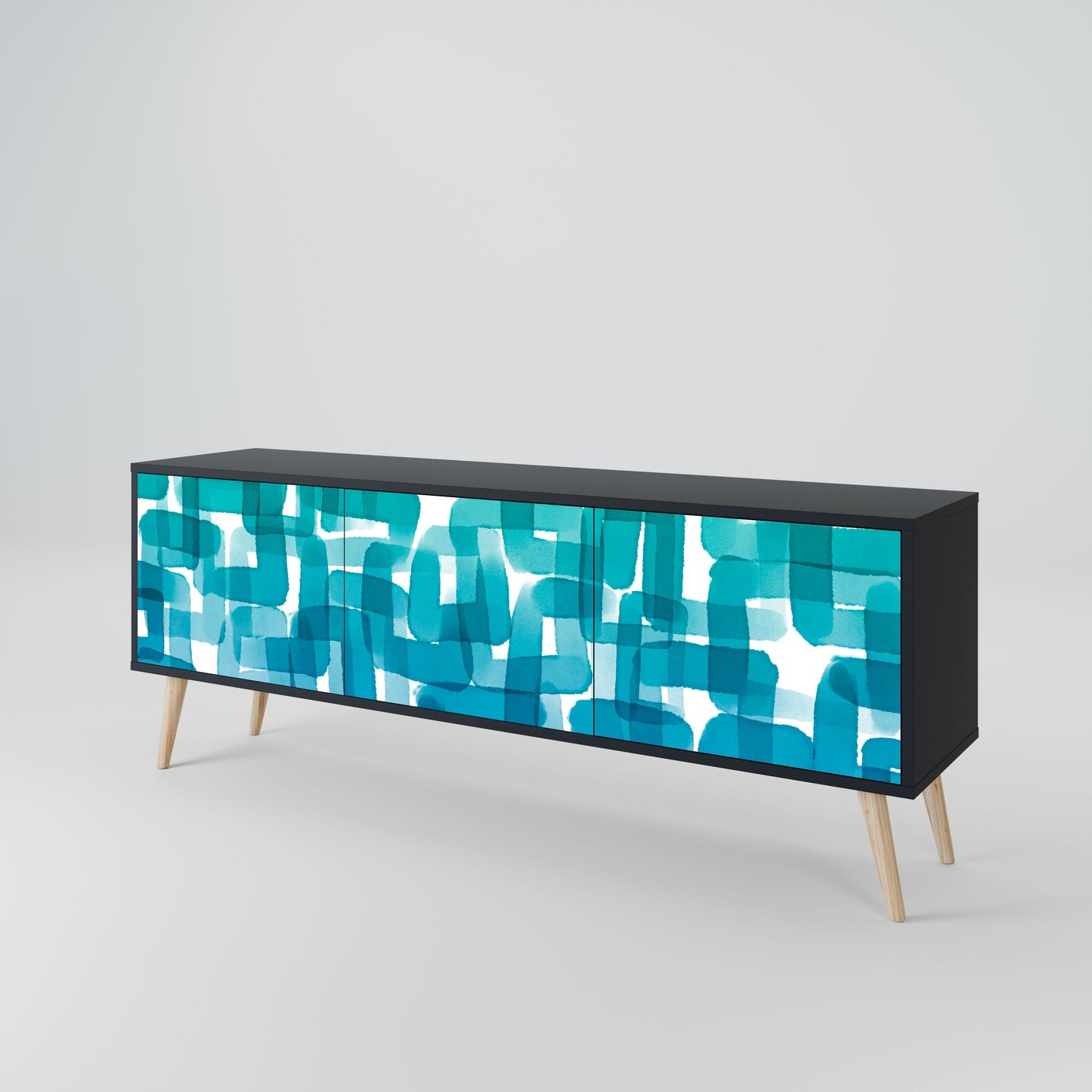 Meuble TV 3 portes TURQUOISE RECTANGLES en finition noire