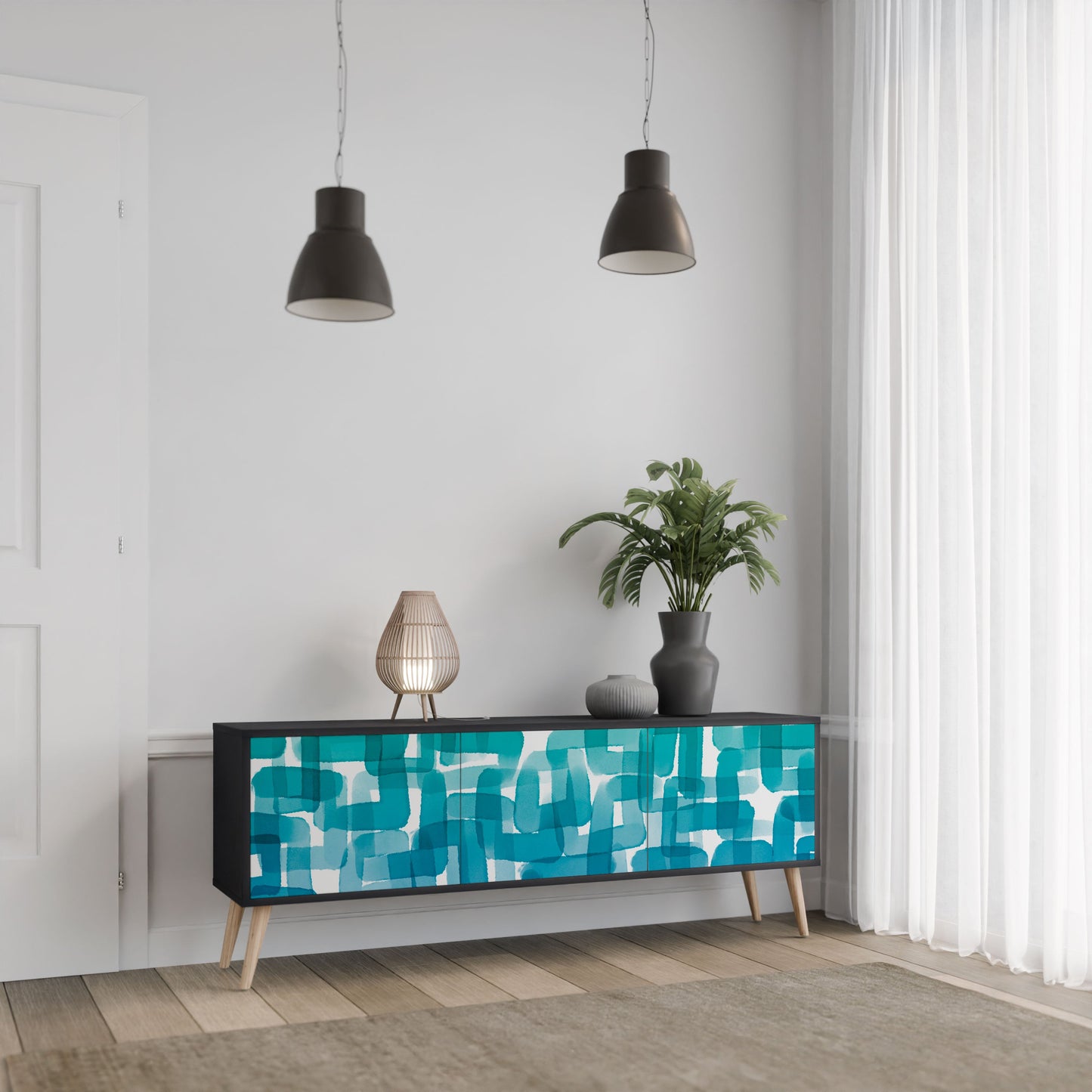 Meuble TV 3 portes TURQUOISE RECTANGLES en finition noire