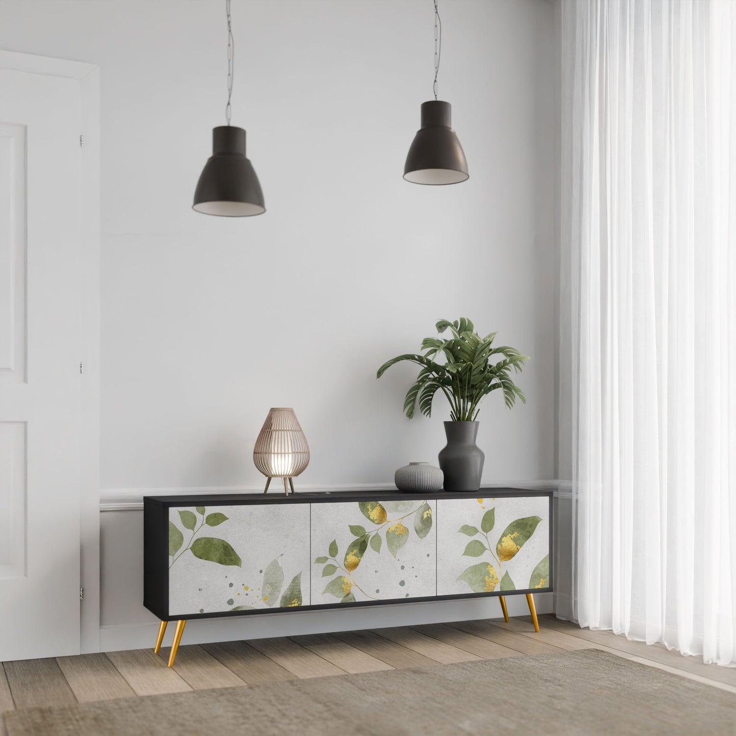 Meuble TV 3 portes ELEGANT BOTANICS en finition noire