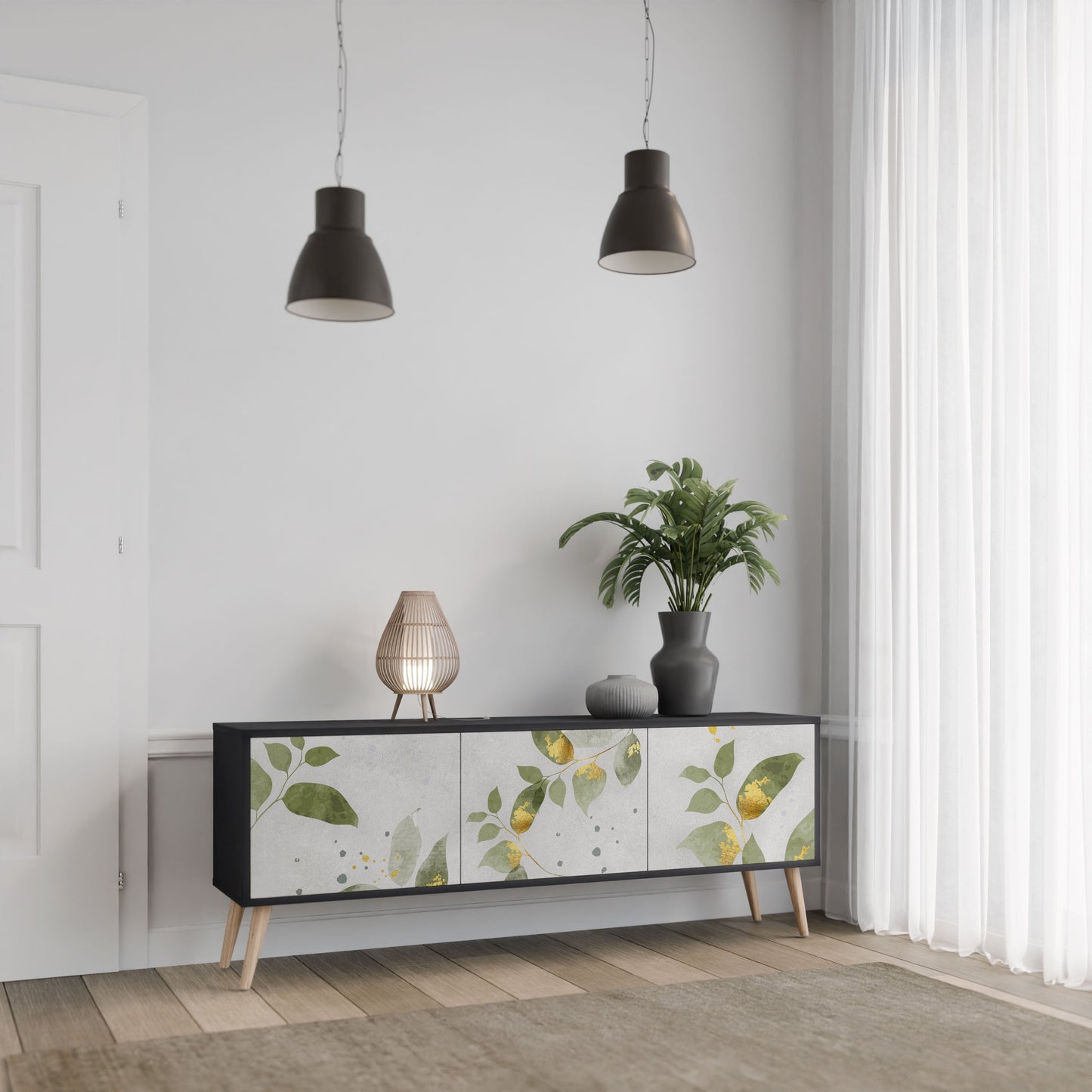 Meuble TV 3 portes ELEGANT BOTANICS en finition noire