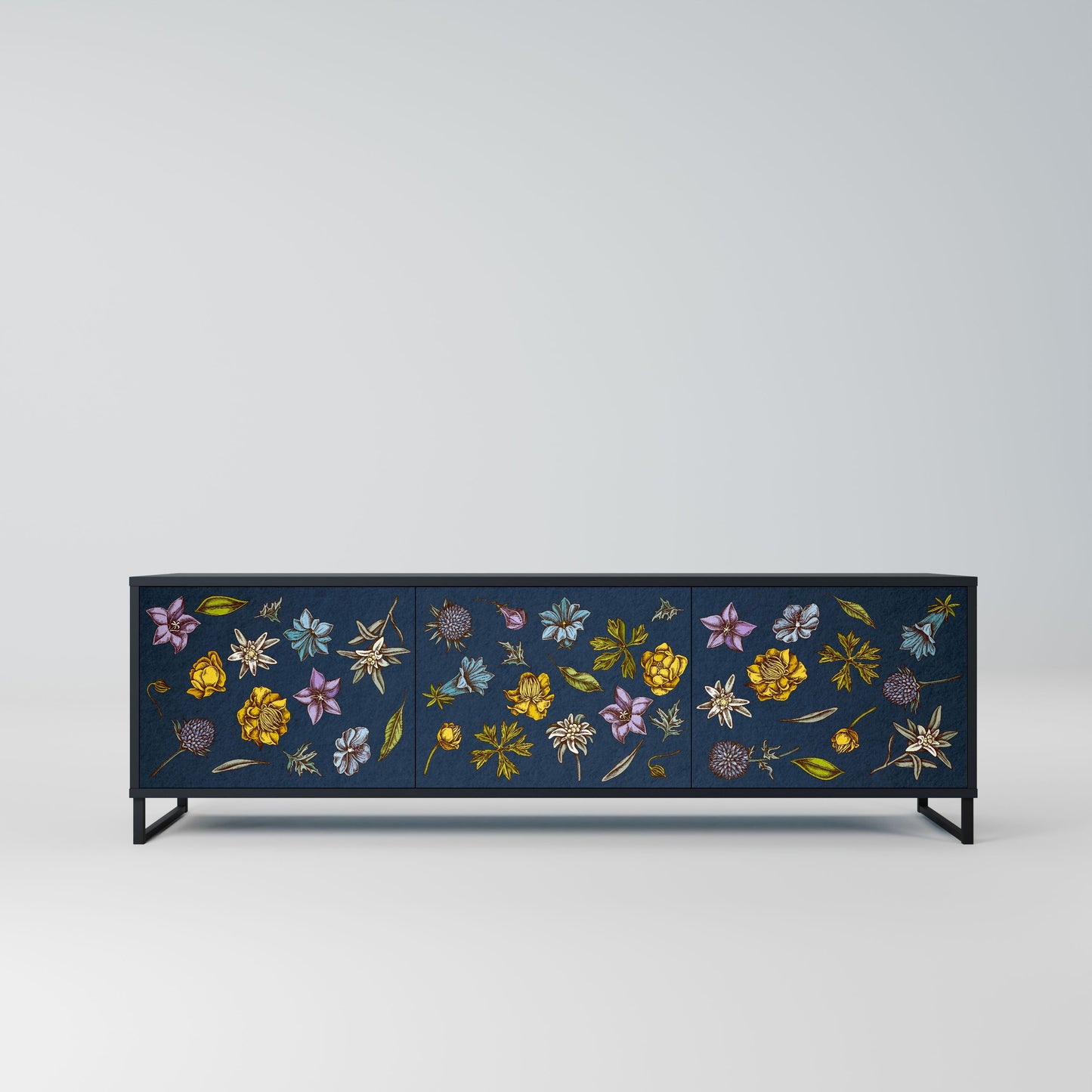 FLOWERS ON NAVY BLUE 3-Door TV Stand in Black Finish