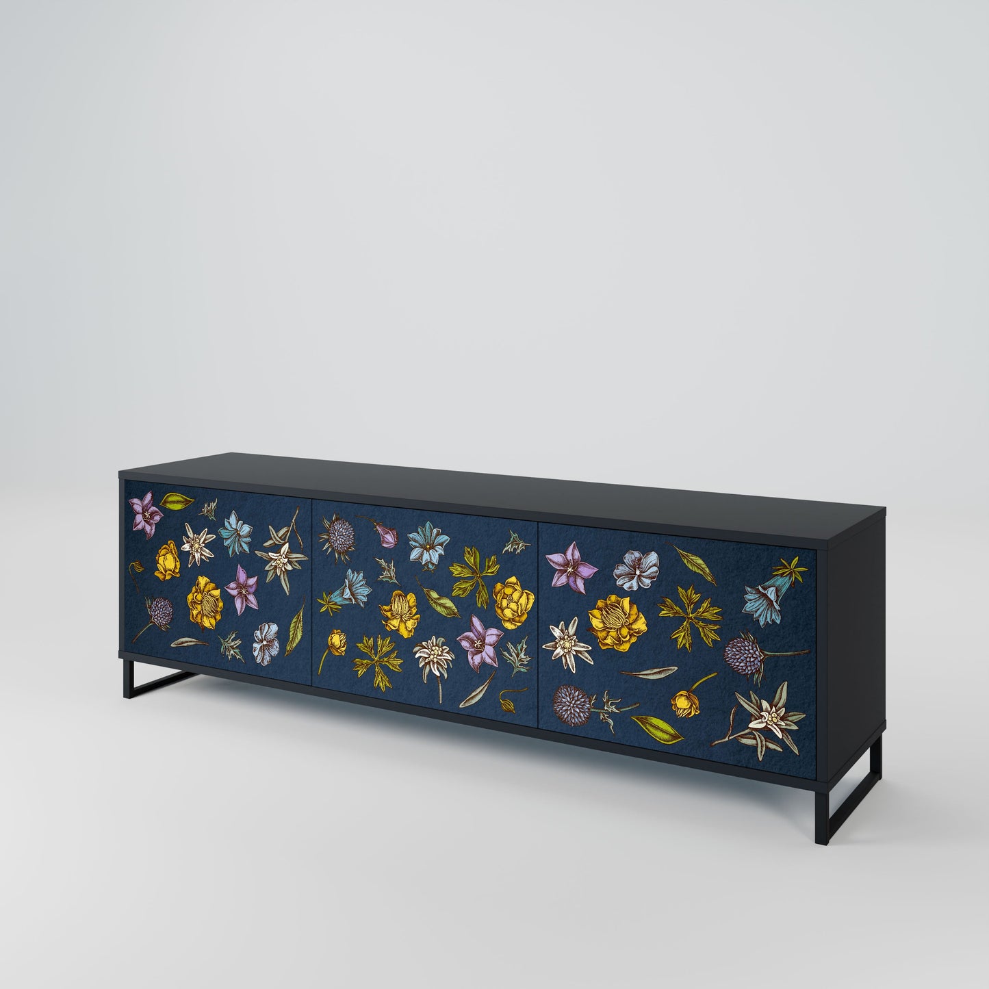 FLOWERS ON NAVY BLUE 3-Door TV Stand in Black Finish